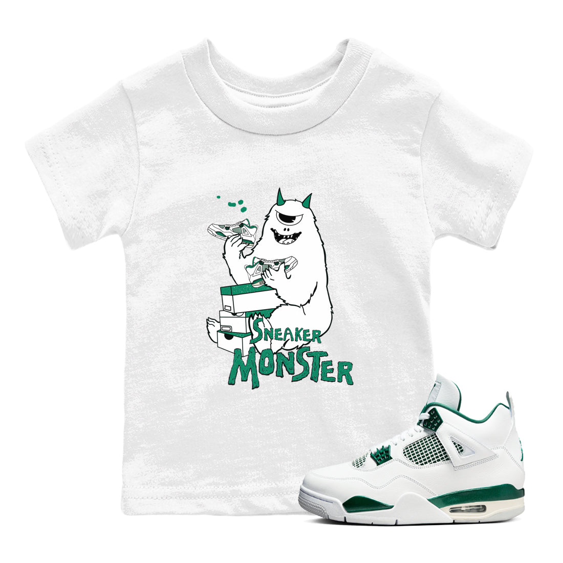 4s Oxidized Green shirts to match jordans Sneaker Monster sneaker match tees Air Jordan 4 Oxidized Green Drip Gear Zone streetwear brand Baby and Youth White 1 cotton tee
