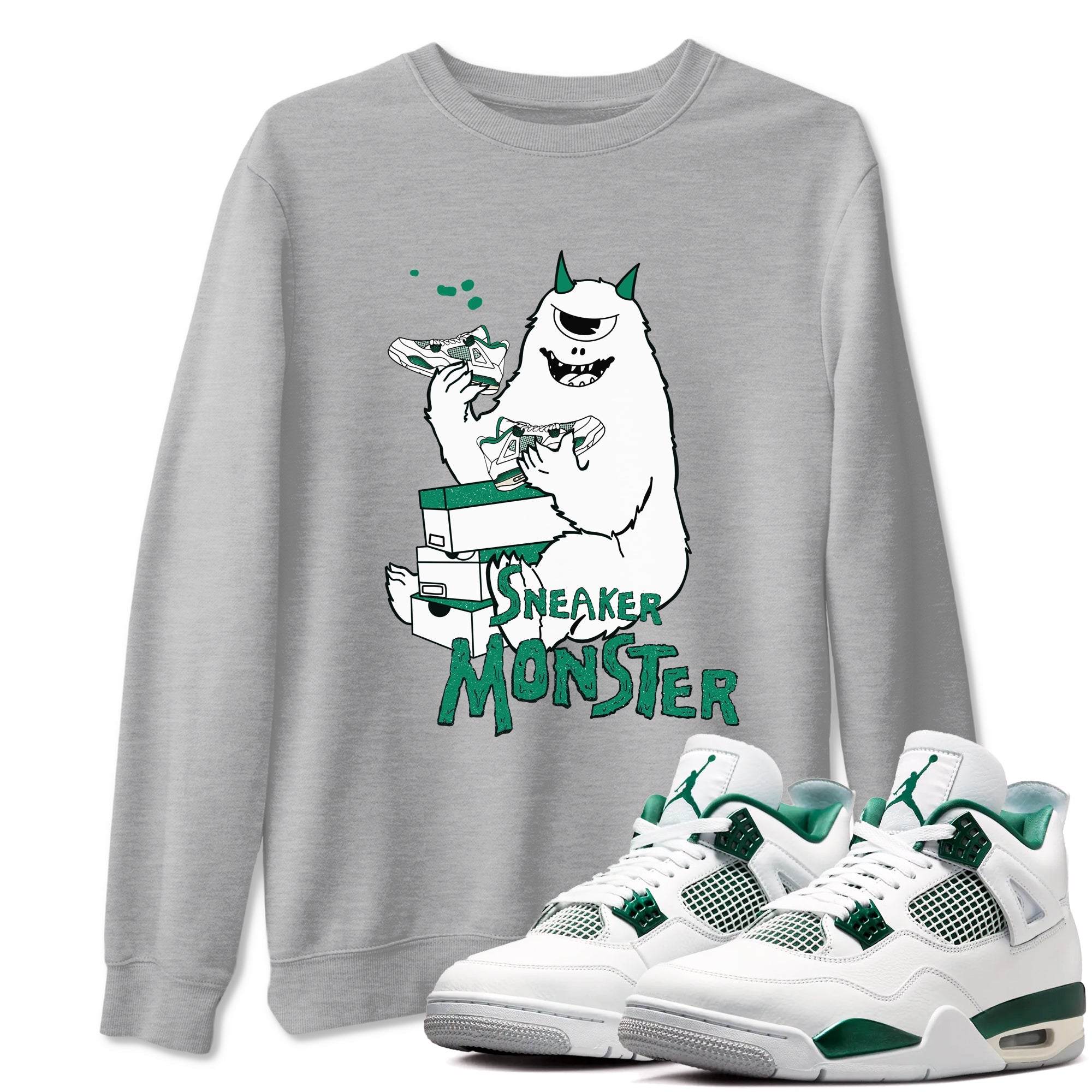 4s Oxidized Green shirts to match jordans Sneaker Monster sneaker match tees Air Jordan 4 Oxidized Green Drip Gear Zone streetwear brand Heather Grey 1 unisex cotton tee