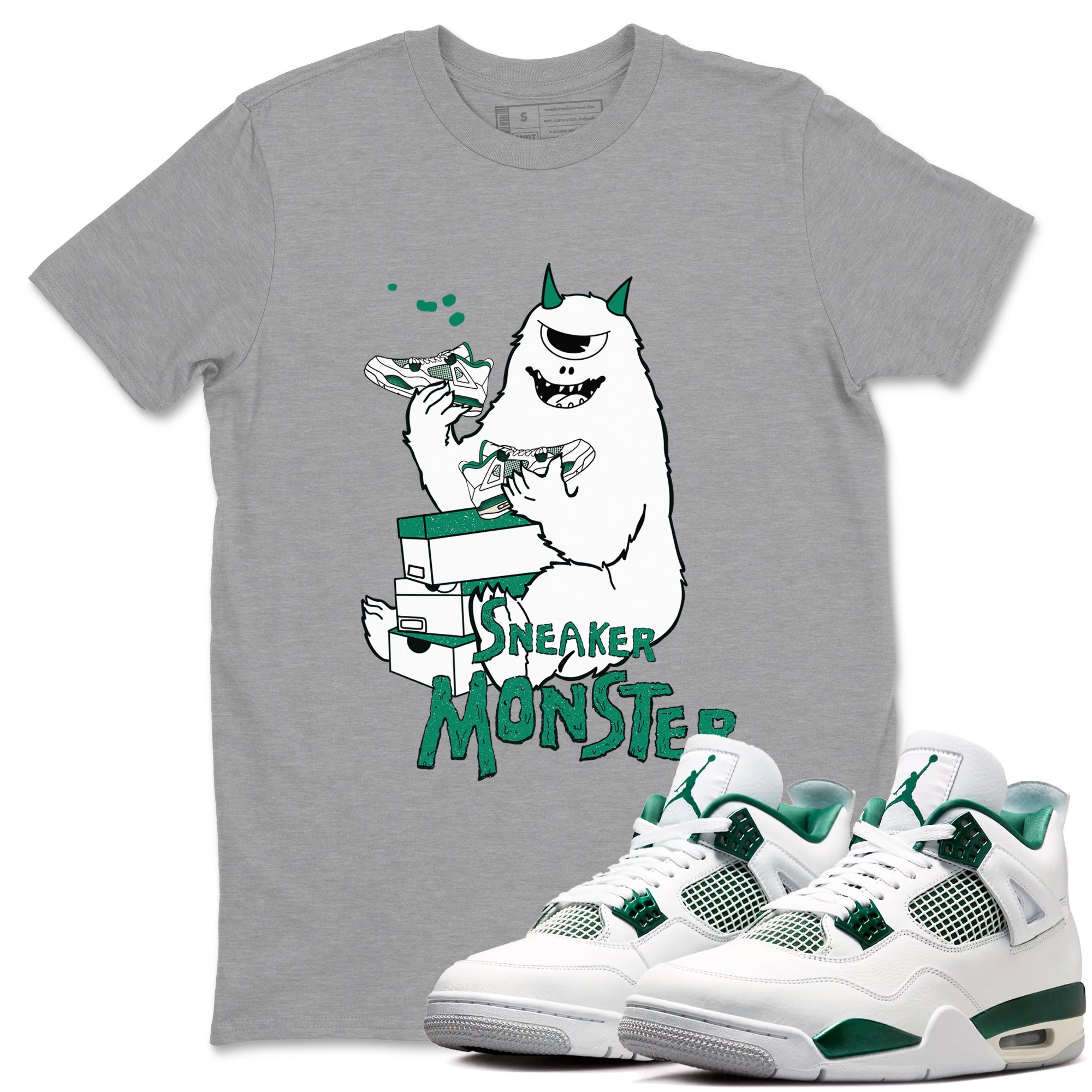4s Oxidized Green shirts to match jordans Sneaker Monster sneaker match tees Air Jordan 4 Oxidized Green Drip Gear Zone streetwear brand Heather Grey 1 unisex cotton tee