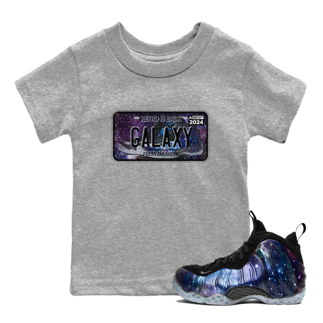 Air Foamposite One Galaxy shirts to match jordans Sneaker Plate sneaker match tees Air Foamposite One Galaxy Drip Gear Zone Youth Baby Heather Grey 1 crew neck shirts