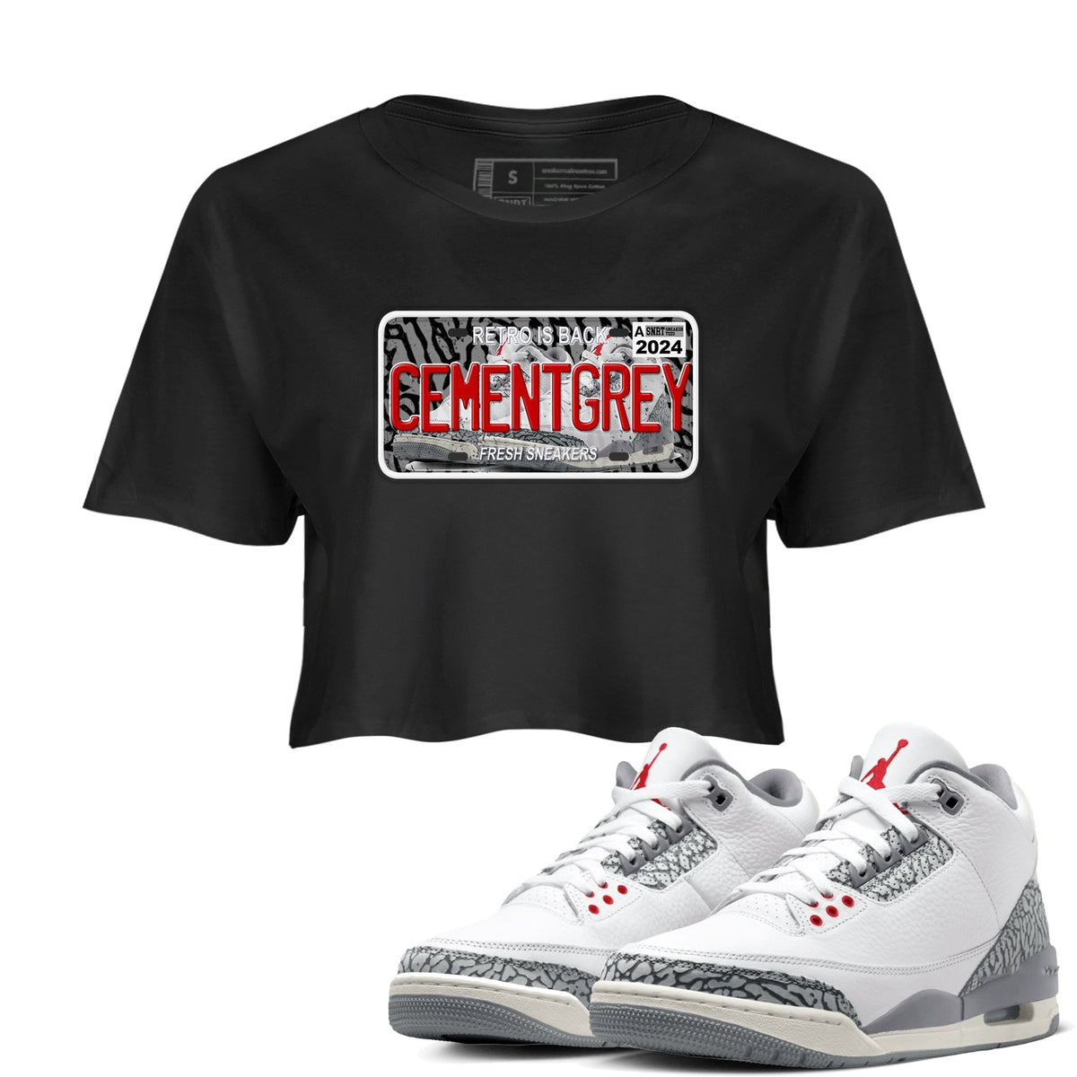 3s Cement Grey shirts to match jordans Sneaker Plate sneaker match tees Air Jordan 3 Cement Grey Drip Gear Zone unisex cotton Black 1 Crop Shirts