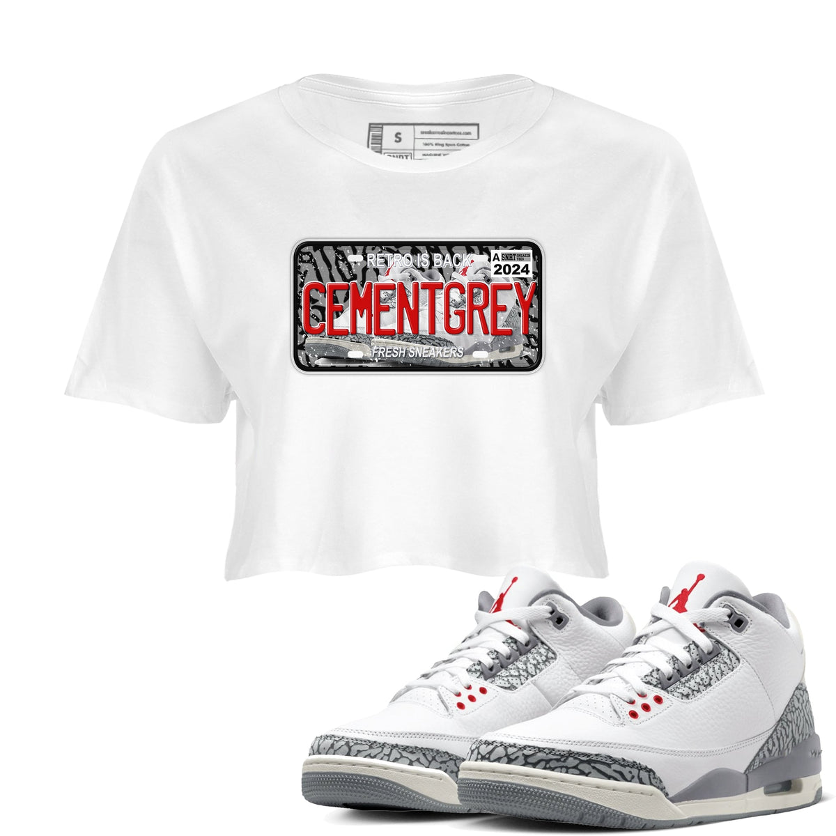3s Cement Grey shirts to match jordans Sneaker Plate sneaker match tees Air Jordan 3 Cement Grey Drip Gear Zone unisex cotton White 1 Crop Shirts