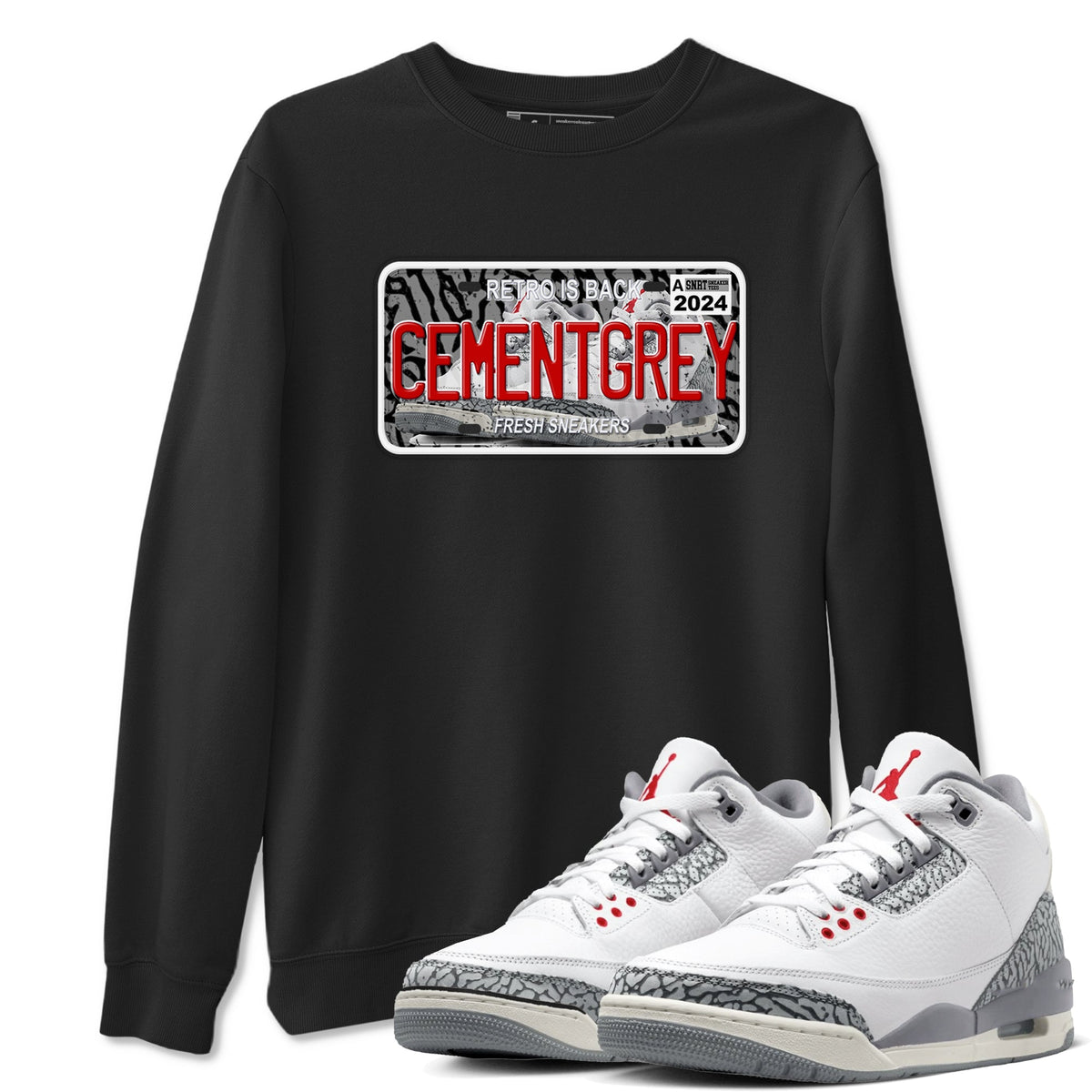 3s Cement Grey shirts to match jordans Sneaker Plate sneaker match tees Air Jordan 3 Cement Grey Drip Gear Zone unisex cotton Black 1 crew neck shirts