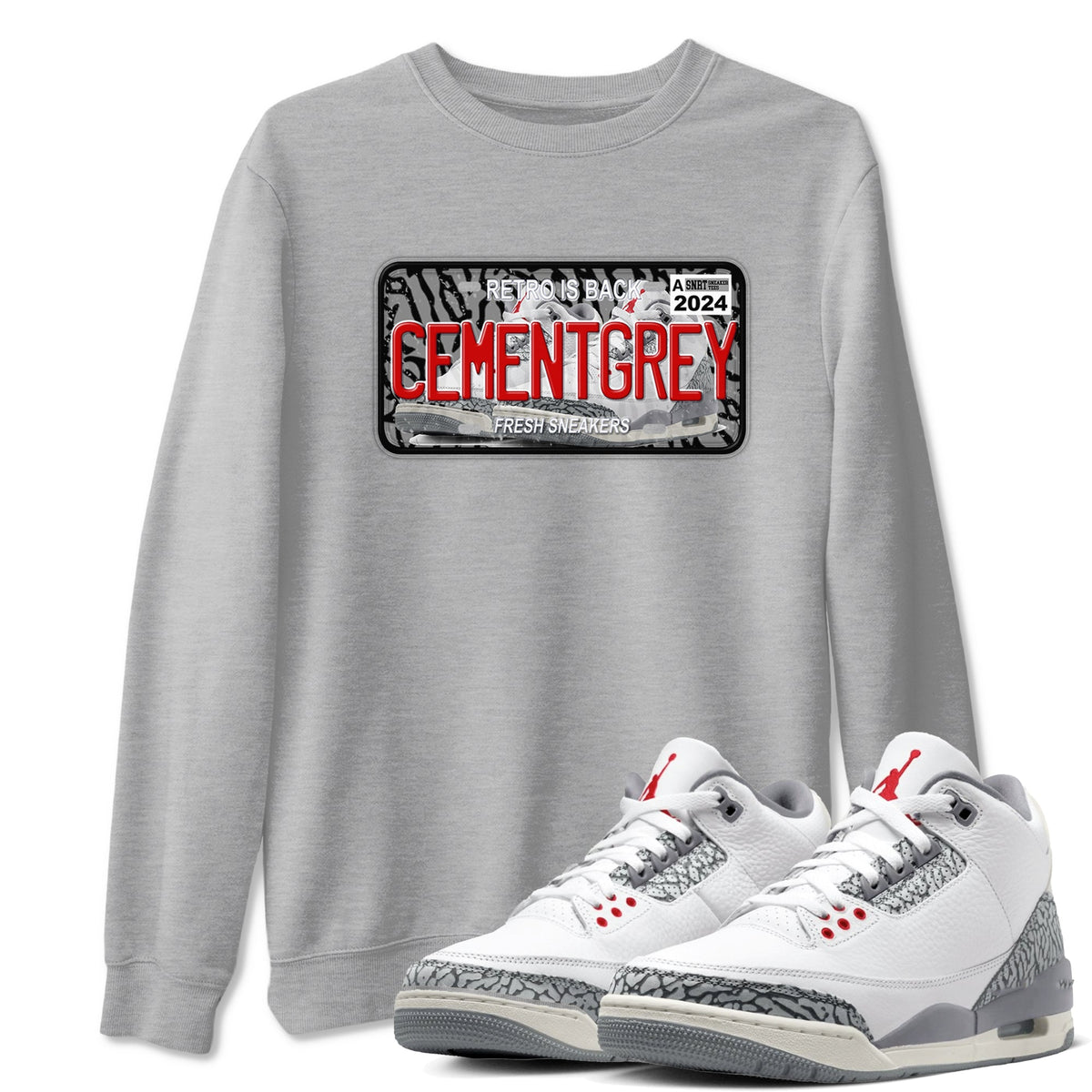 3s Cement Grey shirts to match jordans Sneaker Plate sneaker match tees Air Jordan 3 Cement Grey Drip Gear Zone unisex cotton Heather Grey 1 crew neck shirts
