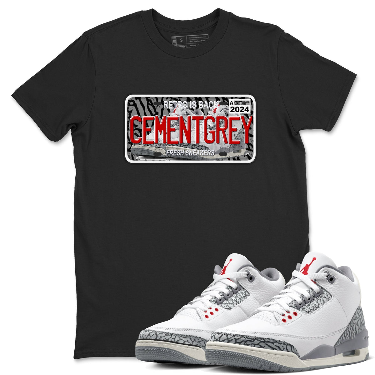 3s Cement Grey shirts to match jordans Sneaker Plate sneaker match tees Air Jordan 3 Cement Grey Drip Gear Zone unisex cotton Black 1 crew neck shirts