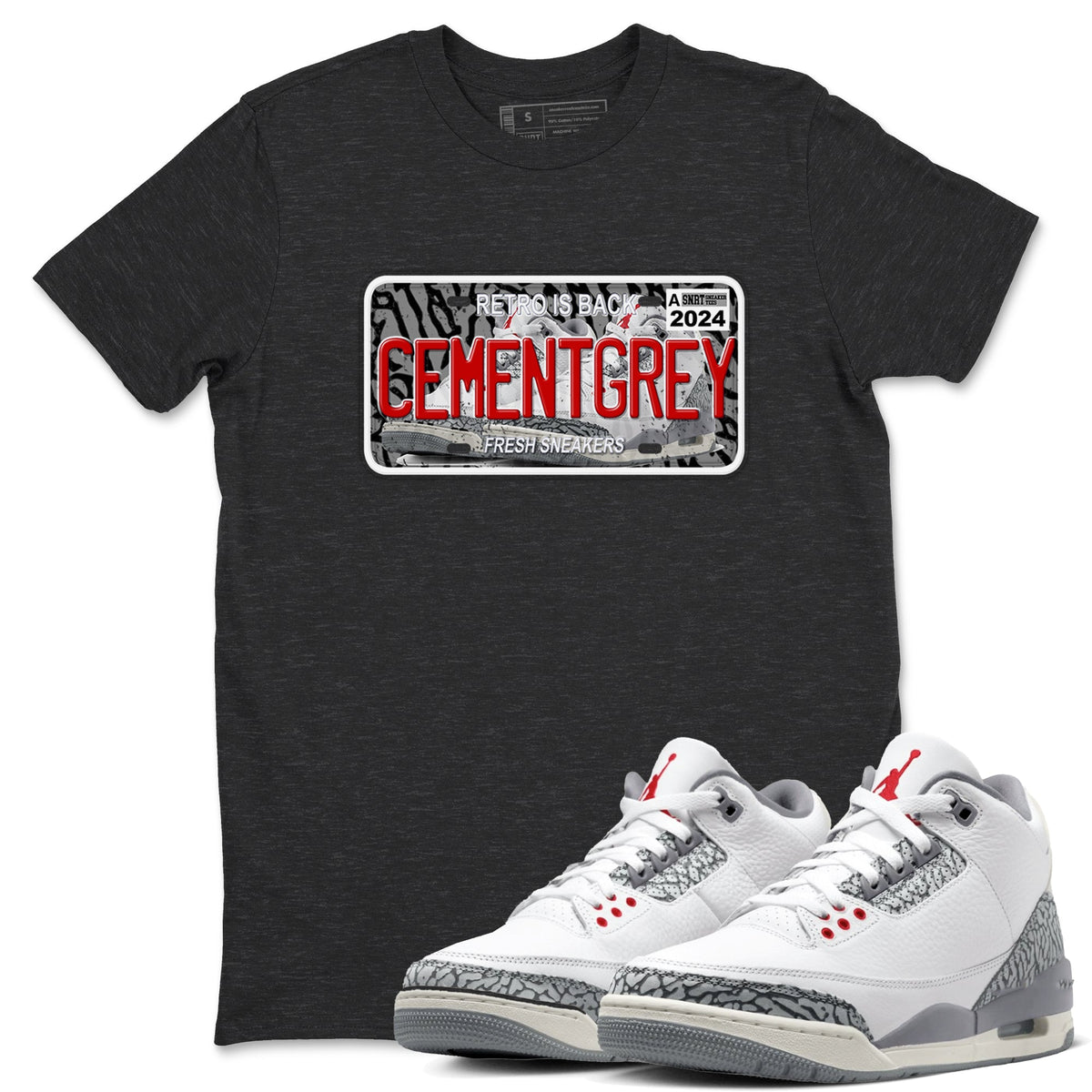 3s Cement Grey shirts to match jordans Sneaker Plate sneaker match tees Air Jordan 3 Cement Grey Drip Gear Zone unisex cotton Charcoal Heather 1 crew neck shirts