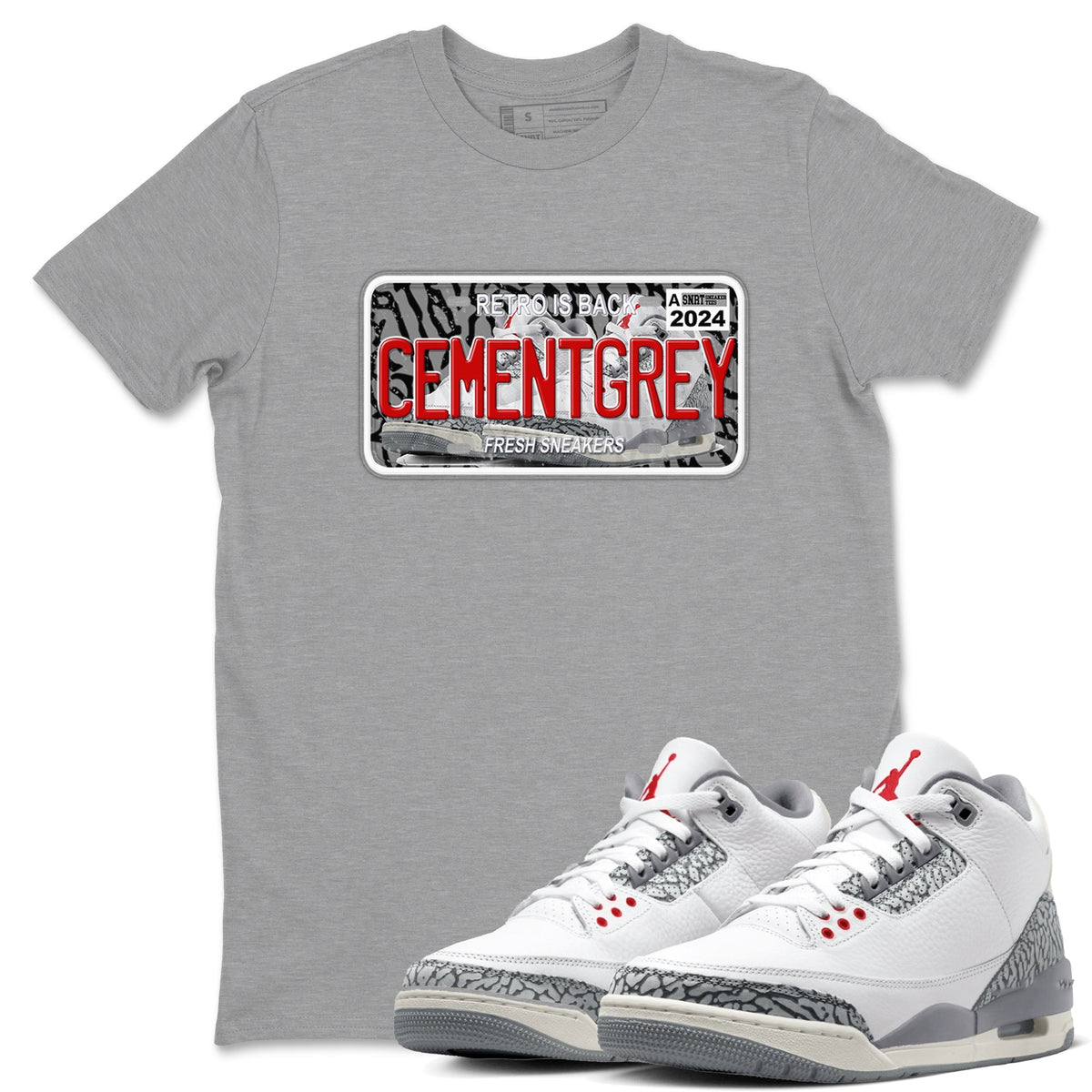 3s Cement Grey shirts to match jordans Sneaker Plate sneaker match tees Air Jordan 3 Cement Grey Drip Gear Zone unisex cotton Heather Grey 1 crew neck shirts