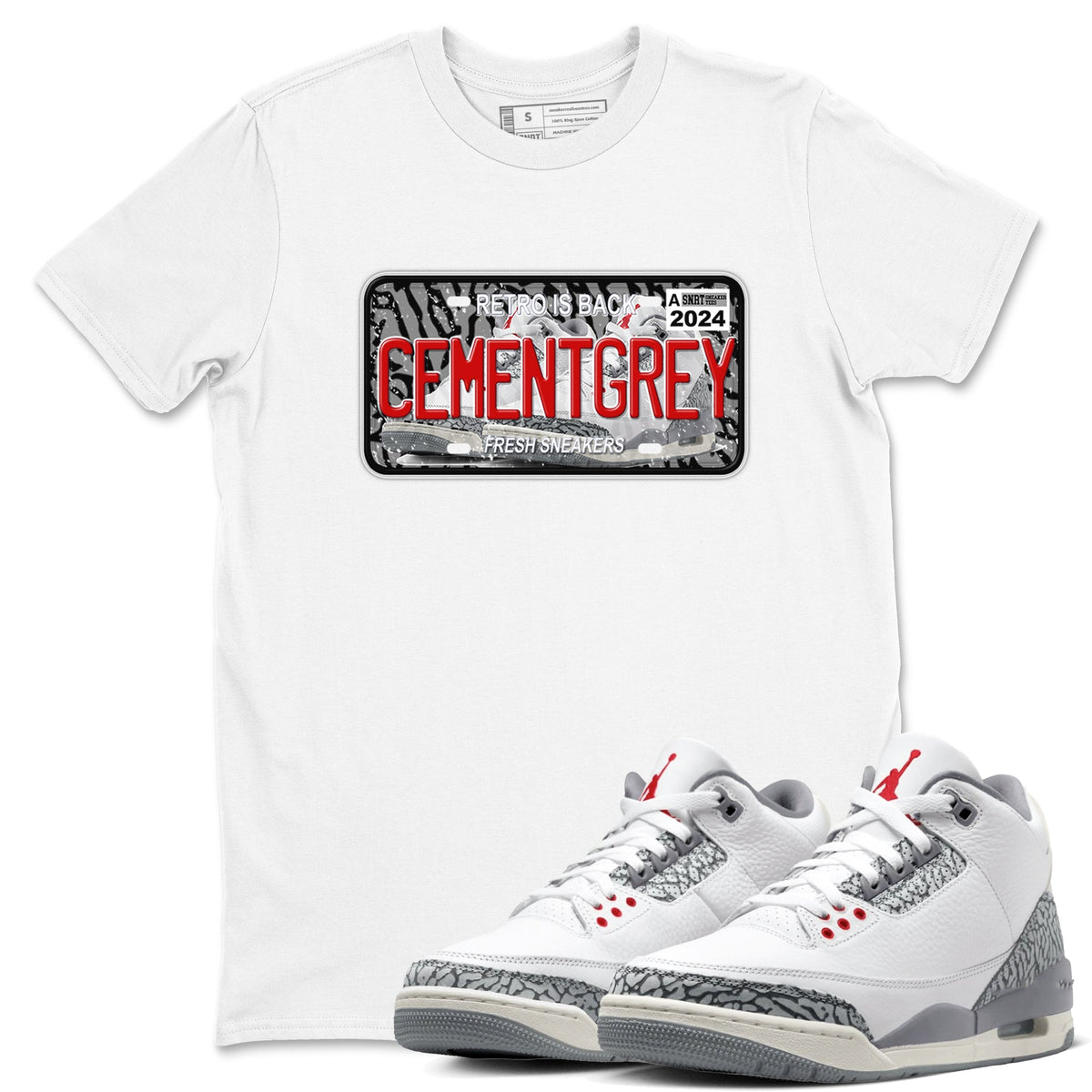 3s Cement Grey shirts to match jordans Sneaker Plate sneaker match tees Air Jordan 3 Cement Grey Drip Gear Zone unisex cotton White 1 crew neck shirts