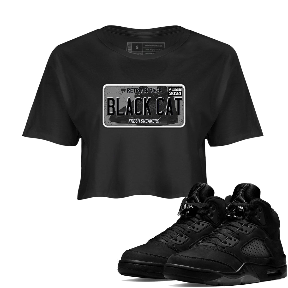 5s Black Cat shirts to match jordans Sneaker Plate sneaker match tees Air Jordan 5 Black Cat Drip Gear Zone unisex cotton Black 1 Crop Shirts