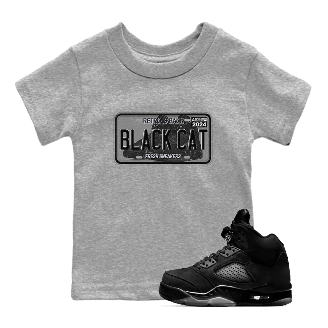 5s Black Cat shirts to match jordans Sneaker Plate sneaker match tees Air Jordan 5 Black Cat Drip Gear Zone Youth Baby Heather Grey 1 crew neck shirts