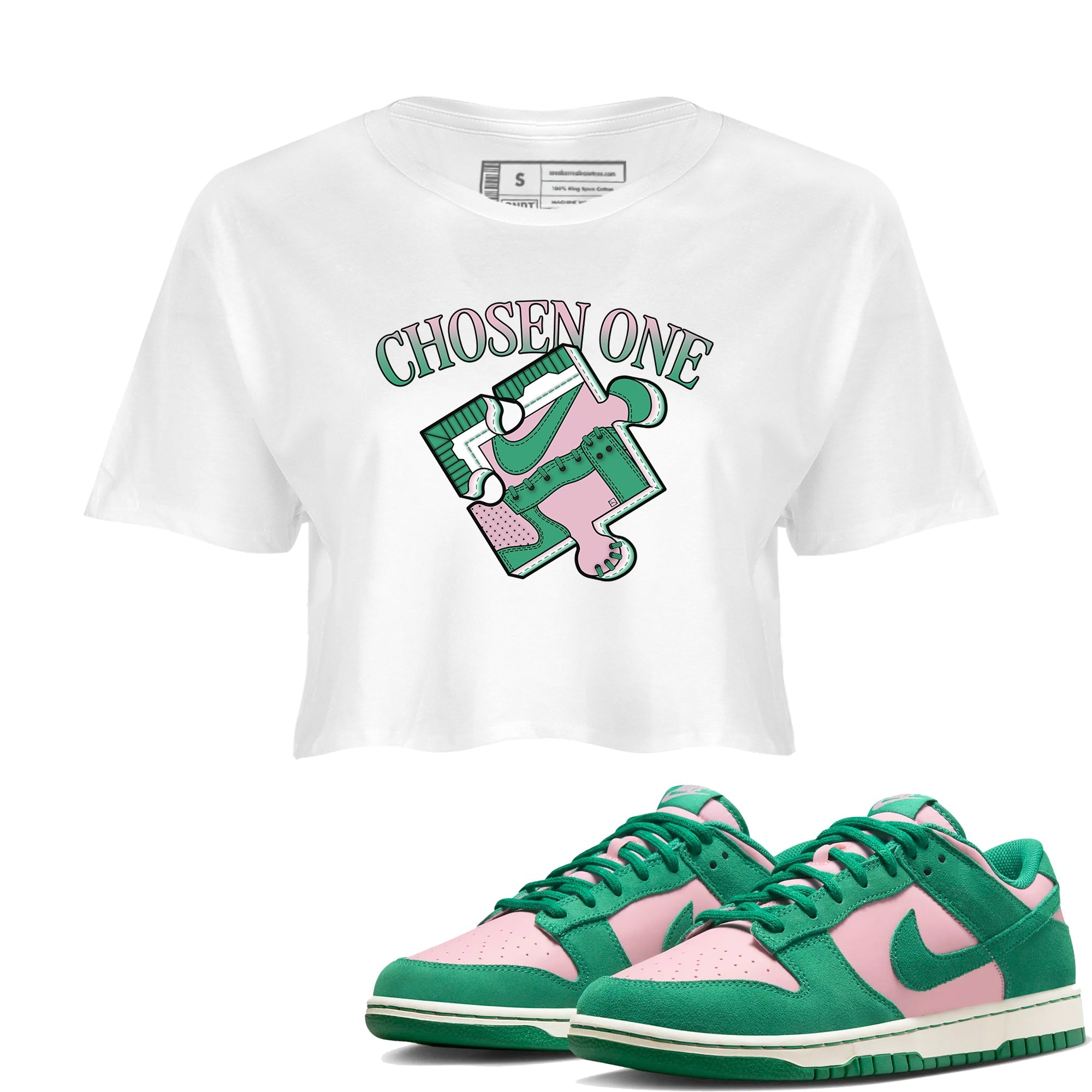 Dunk Medium Soft Pink Malachite shirt to match jordans Sneaker Puzzle sneaker tees Dunk Medium Soft Pink Malachite Drip Gear Zone White 1 crop length shirt