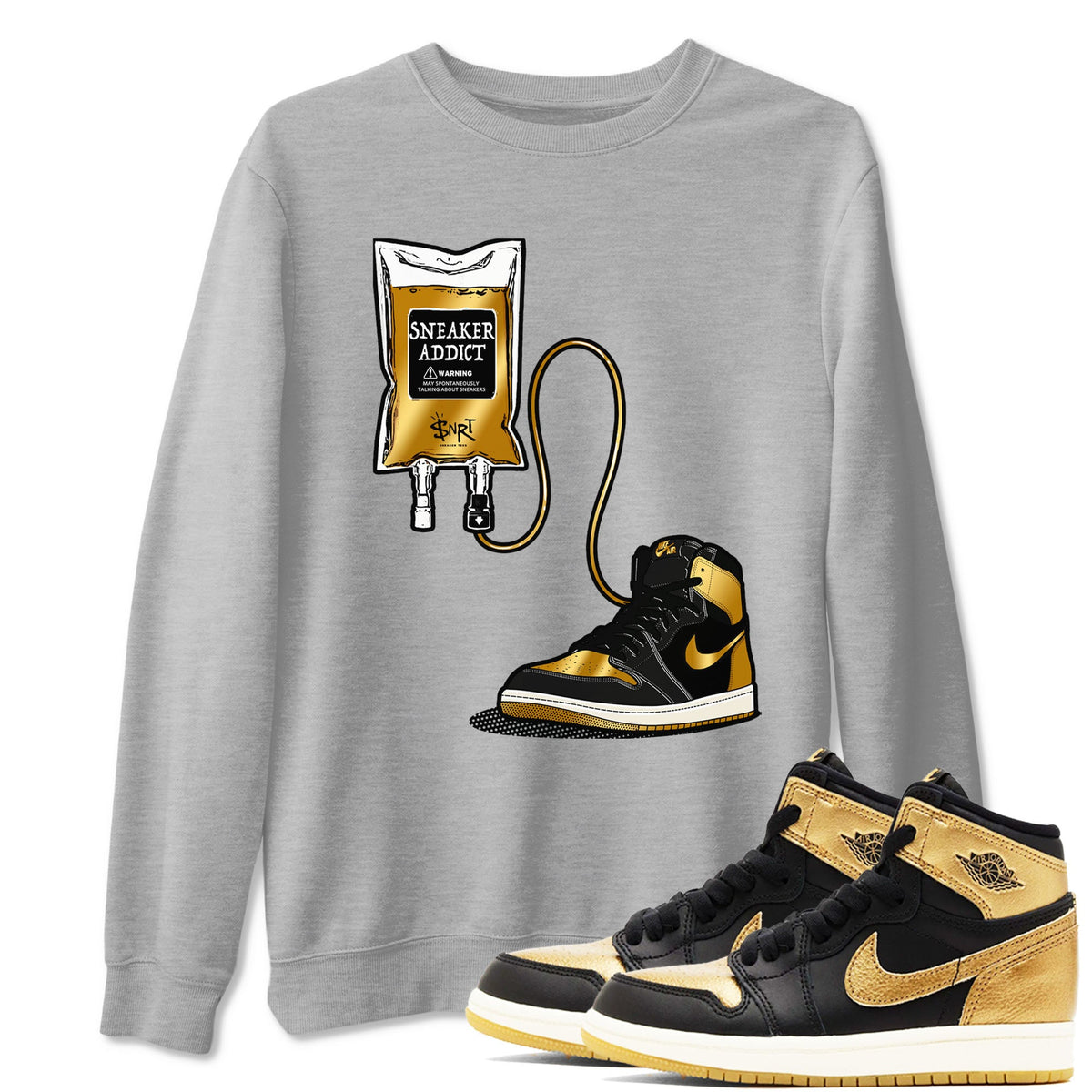 1s Black Metallic Gold shirts to match jordans Sneaker Therapy sneaker match tees Air Jordan 1 Black Metallic Gold Drip Gear Zone unisex cotton Heather Grey 1 crew neck shirts