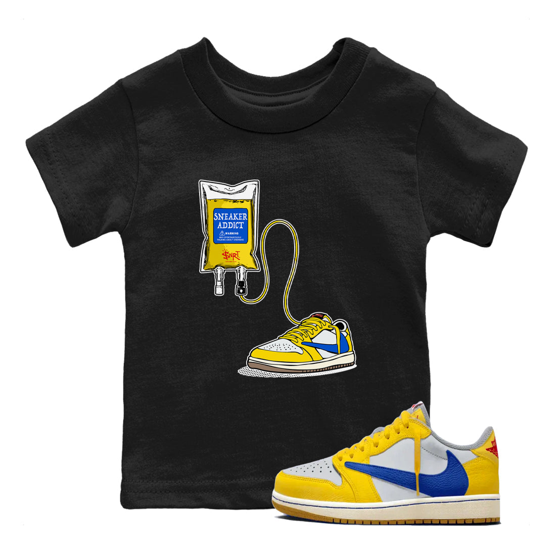 1s Travis Scott Canary shirts to match jordans Sneaker Therapy sneaker match tees Air Jordan 1 Travis Scott Canary Drip Gear Zone Youth Baby Black 1 crew neck shirts