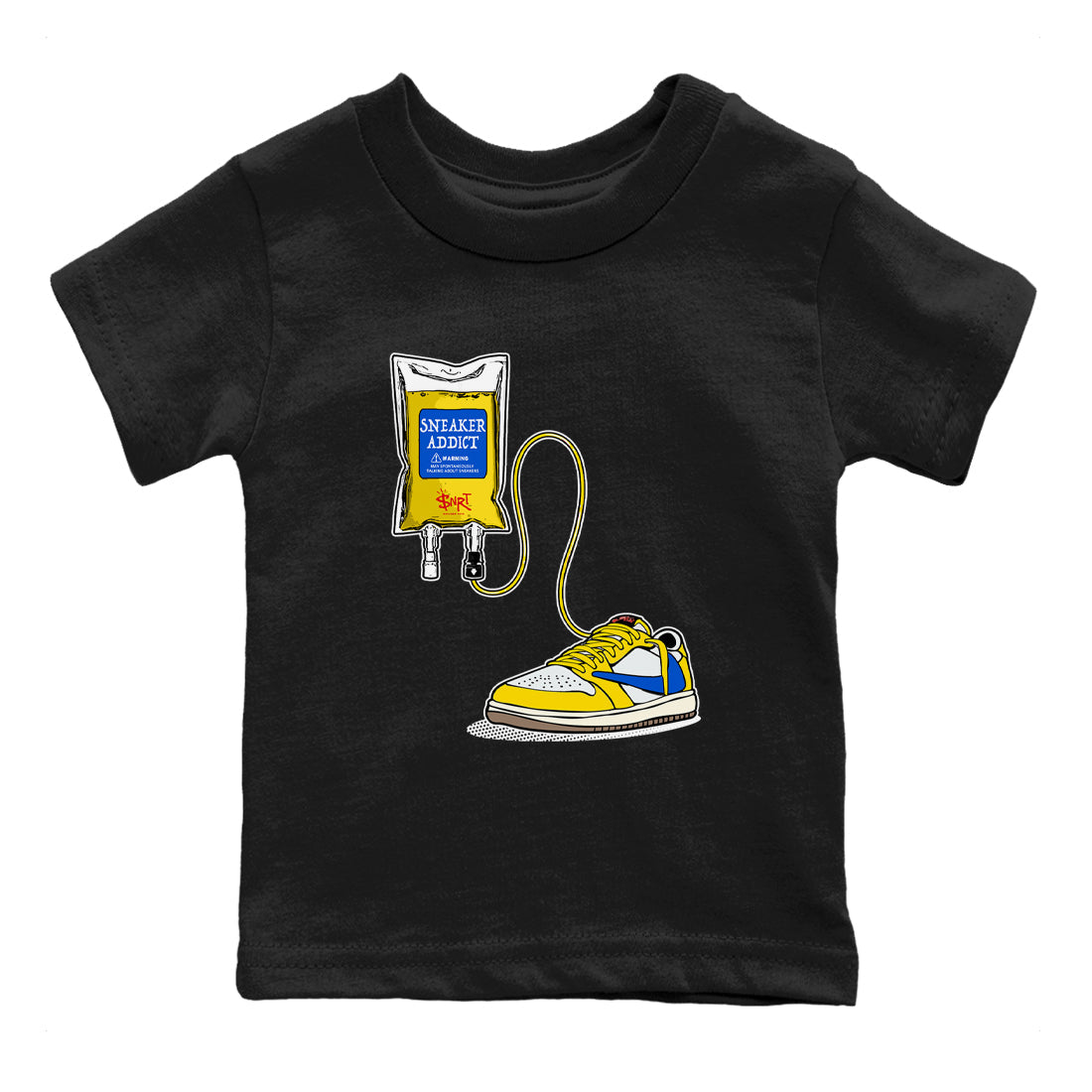 1s Travis Scott Canary shirts to match jordans Sneaker Therapy sneaker match tees Air Jordan 1 Travis Scott Canary Drip Gear Zone Youth Baby Black 2 crew neck shirts