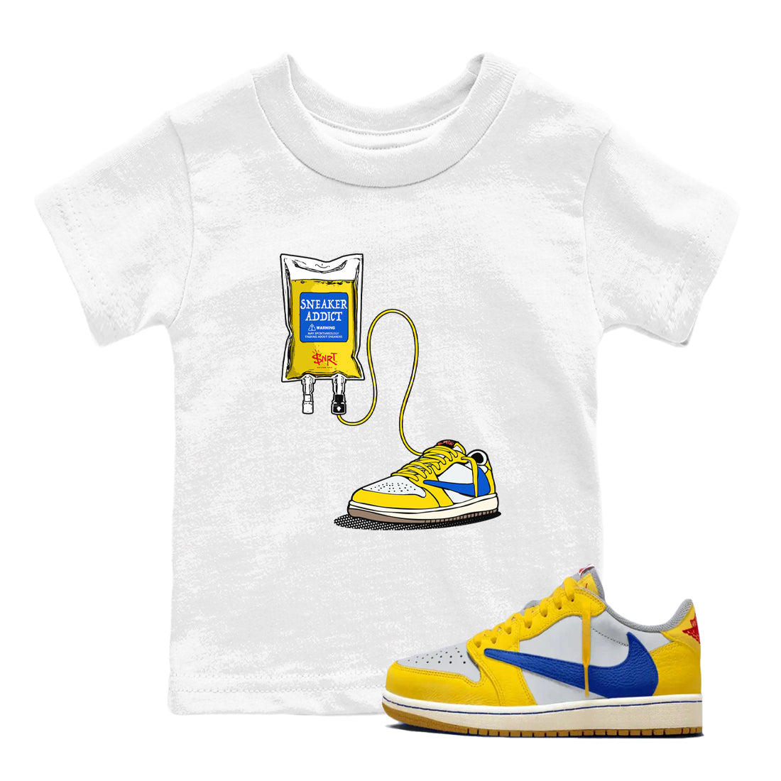 1s Travis Scott Canary shirts to match jordans Sneaker Therapy sneaker match tees Air Jordan 1 Travis Scott Canary Drip Gear Zone Youth Baby White 1 crew neck shirts