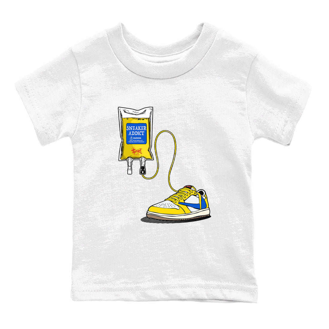 1s Travis Scott Canary shirts to match jordans Sneaker Therapy sneaker match tees Air Jordan 1 Travis Scott Canary Drip Gear Zone Youth Baby White 2 crew neck shirts