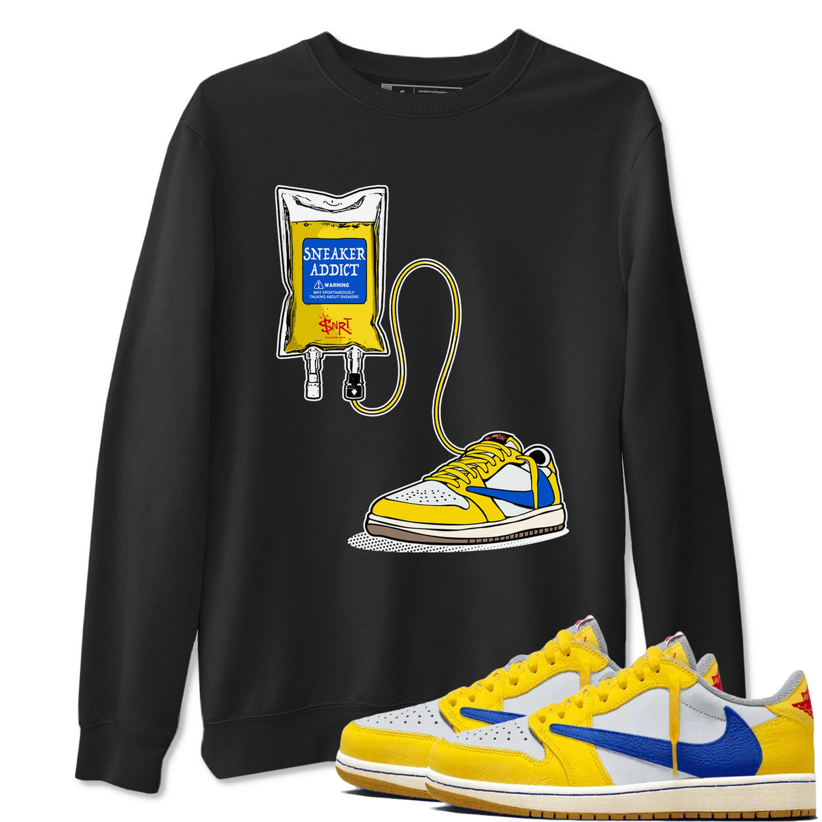 1s Travis Scott Canary shirts to match jordans Sneaker Therapy sneaker match tees Air Jordan 1 Travis Scott Canary Drip Gear Zone unisex cotton Black 1 crew neck shirts