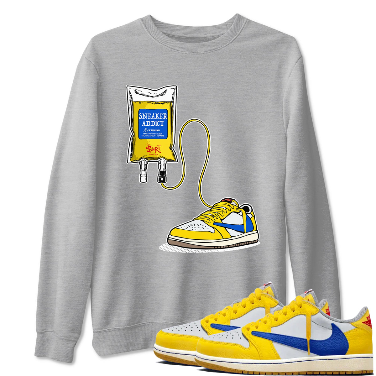 1s Travis Scott Canary shirts to match jordans Sneaker Therapy sneaker match tees Air Jordan 1 Travis Scott Canary Drip Gear Zone unisex cotton Heather Grey 1 crew neck shirts