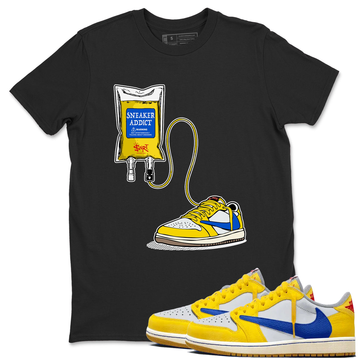 1s Travis Scott Canary shirts to match jordans Sneaker Therapy sneaker match tees Air Jordan 1 Travis Scott Canary Drip Gear Zone unisex cotton Black 1 crew neck shirts
