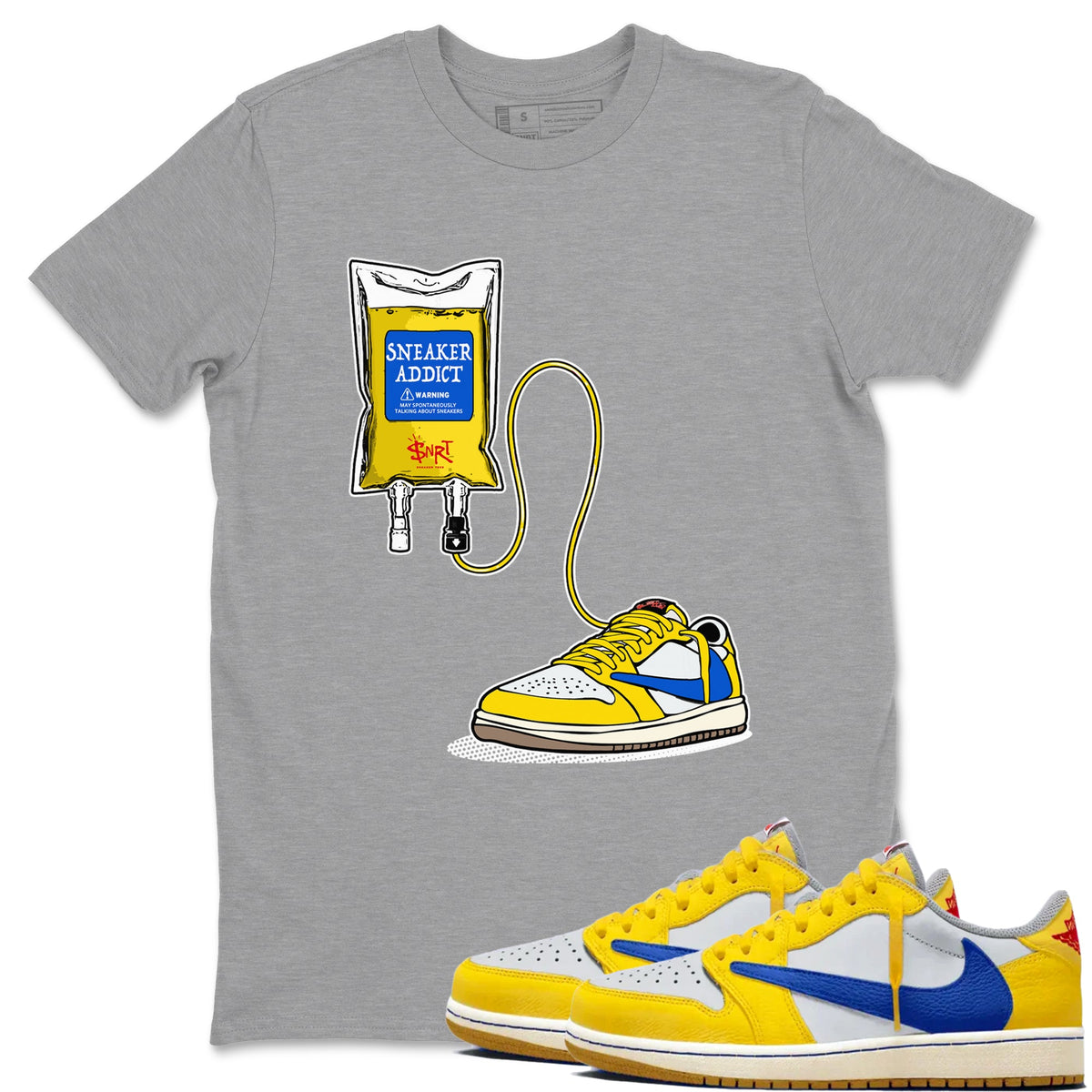 1s Travis Scott Canary shirts to match jordans Sneaker Therapy sneaker match tees Air Jordan 1 Travis Scott Canary Drip Gear Zone unisex cotton Heather Grey 1 crew neck shirts
