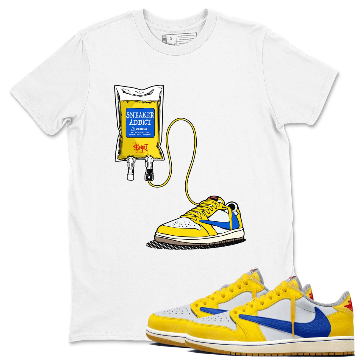 1s Travis Scott Canary shirts to match jordans Sneaker Therapy sneaker match tees Air Jordan 1 Travis Scott Canary Drip Gear Zone unisex cotton White 1 crew neck shirts
