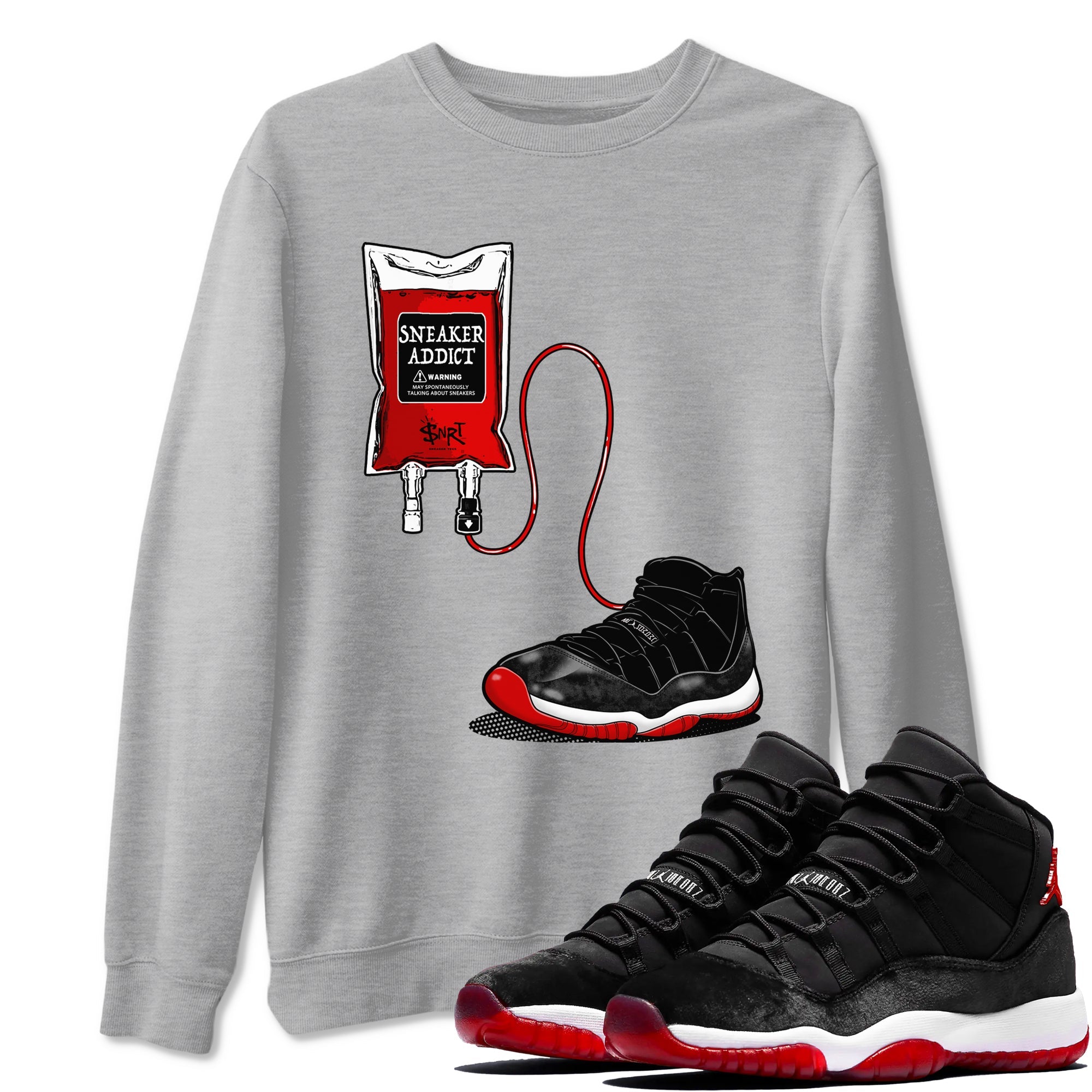 11s Bred Velvet shirts to match jordans Sneaker Therapy sneaker match tees Air Jordan 11 Bred Velvet Drip Gear Zone unisex cotton Heather Grey 1 crew neck shirts