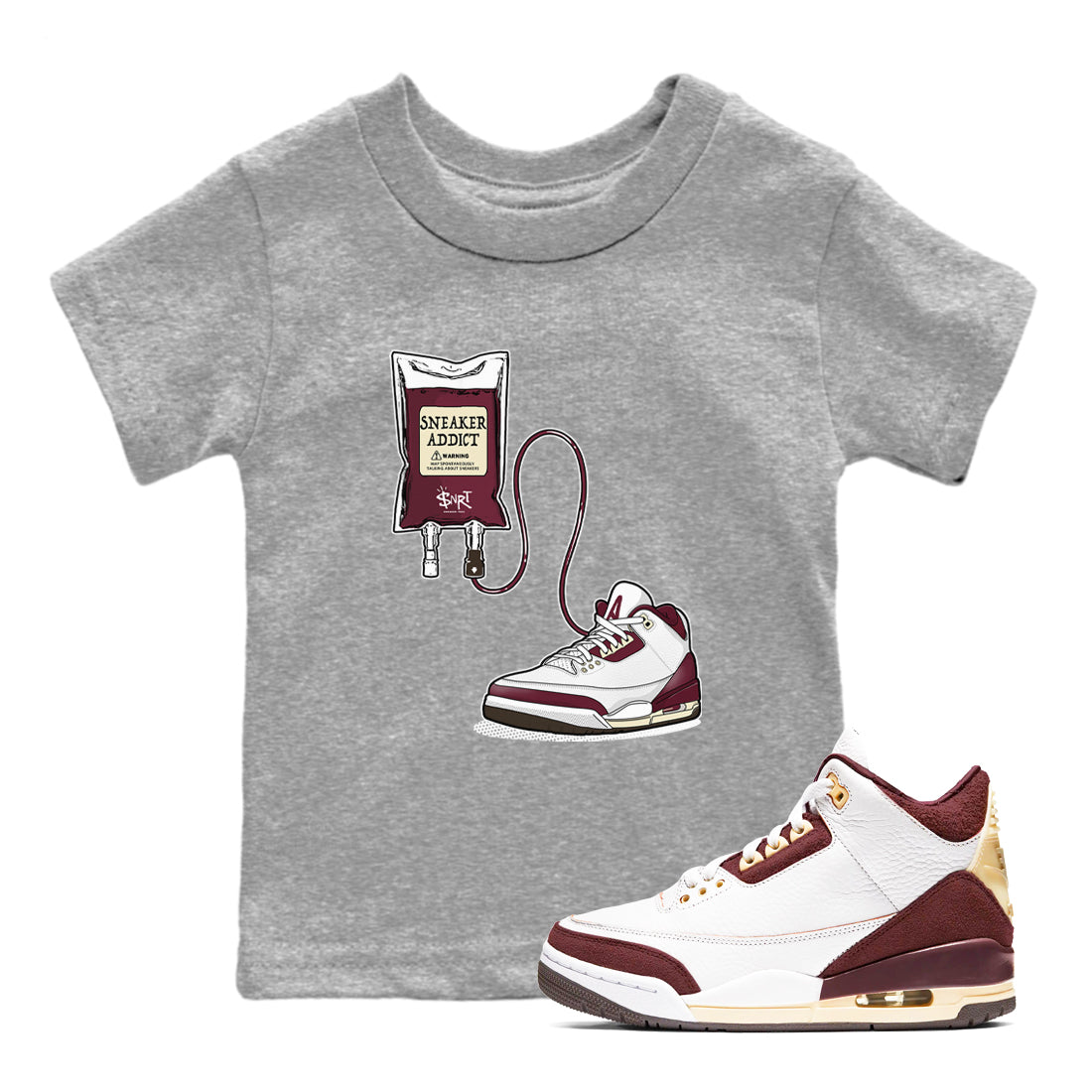 3s A Ma Maniere x Burgundy Crush shirts to match jordans Sneaker Therapy sneaker match tees Air Jordan 3 A Ma Maniere x Burgundy Crush Drip Gear Zone Youth Baby Heather Grey 1 crew neck shirts
