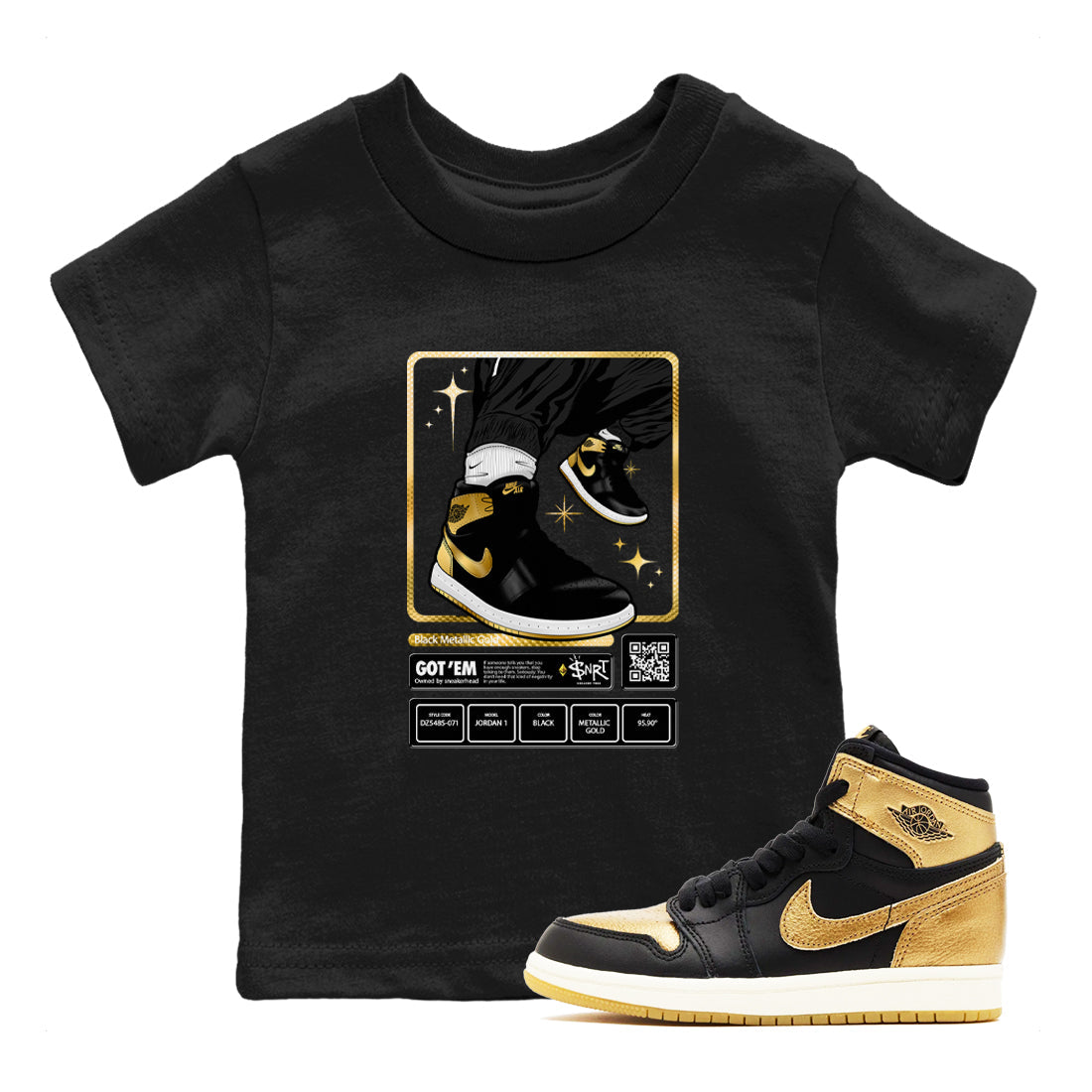 Air Jordan 1 High OG Black Metallic Gold shirts to match jordans Sneaker Trading Card sneaker match tees Air Jordan 1 Retrp Black Metallic Gold Sneaker Shirts Drip Gear Zone streetwear brand Baby and Youth Black 1 cotton tee