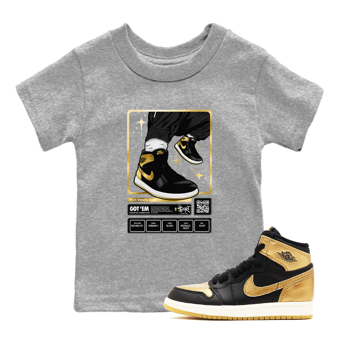 Air Jordan 1 High OG Black Metallic Gold shirts to match jordans Sneaker Trading Card sneaker match tees Air Jordan 1 Retrp Black Metallic Gold Sneaker Shirts Drip Gear Zone streetwear brand Baby and Youth Heather Grey 1 cotton tee