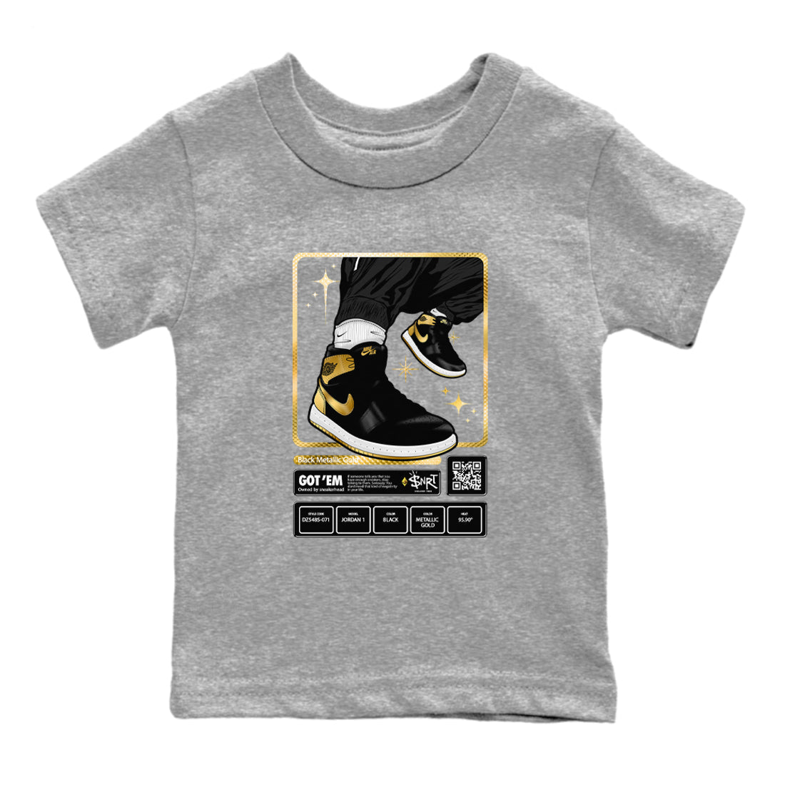 Air Jordan 1 High OG Black Metallic Gold shirts to match jordans Sneaker Trading Card sneaker match tees Air Jordan 1 Retrp Black Metallic Gold Sneaker Shirts Drip Gear Zone streetwear brand Baby and Youth Heather Grey 2 cotton tee
