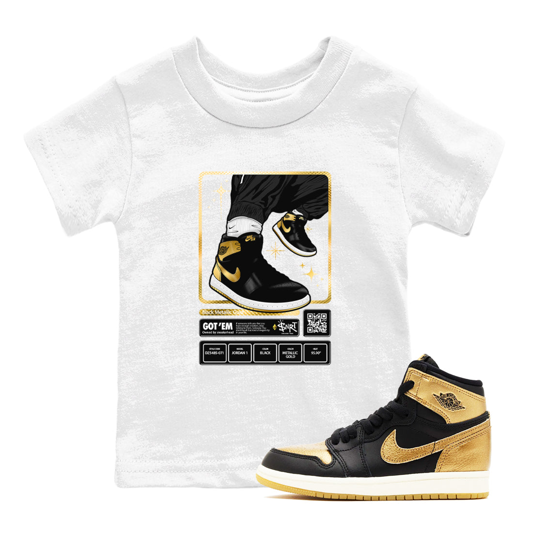 Air Jordan 1 High OG Black Metallic Gold shirts to match jordans Sneaker Trading Card sneaker match tees Air Jordan 1 Retrp Black Metallic Gold Sneaker Shirts Drip Gear Zone streetwear brand Baby and Youth White 1 cotton tee