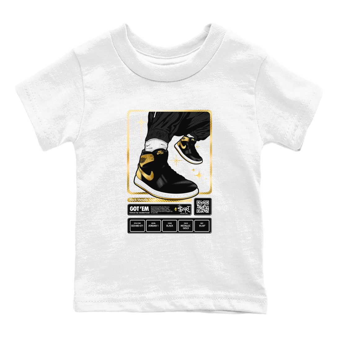 Air Jordan 1 High OG Black Metallic Gold shirts to match jordans Sneaker Trading Card sneaker match tees Air Jordan 1 Retrp Black Metallic Gold Sneaker Shirts Drip Gear Zone streetwear brand Baby and Youth White 2 cotton tee