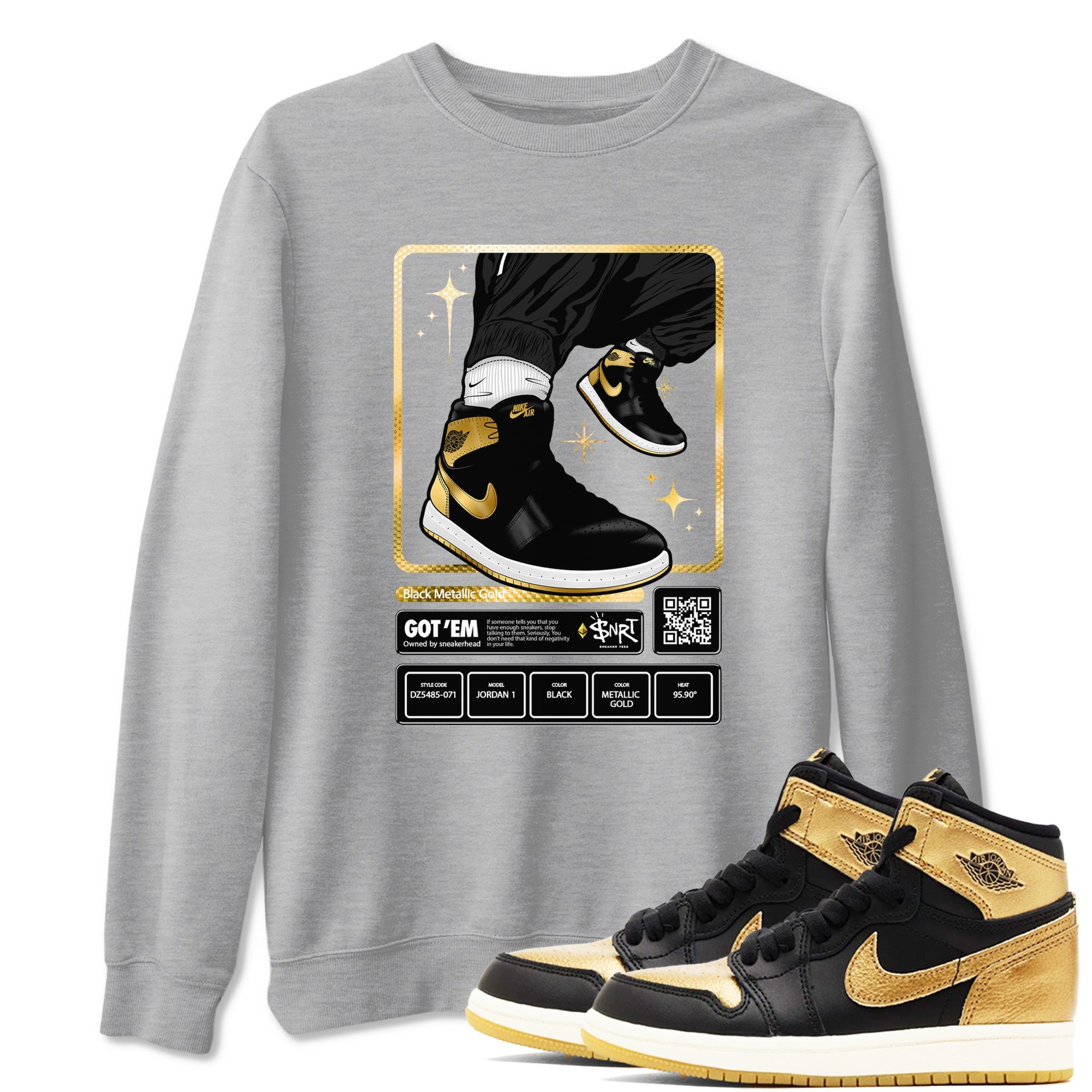 Air Jordan 1 High OG Black Metallic Gold shirts to match jordans Sneaker Trading Card sneaker match tees Air Jordan 1 Retrp Black Metallic Gold Sneaker Shirts Drip Gear Zone streetwear brand Heather Grey 1 unisex cotton tee
