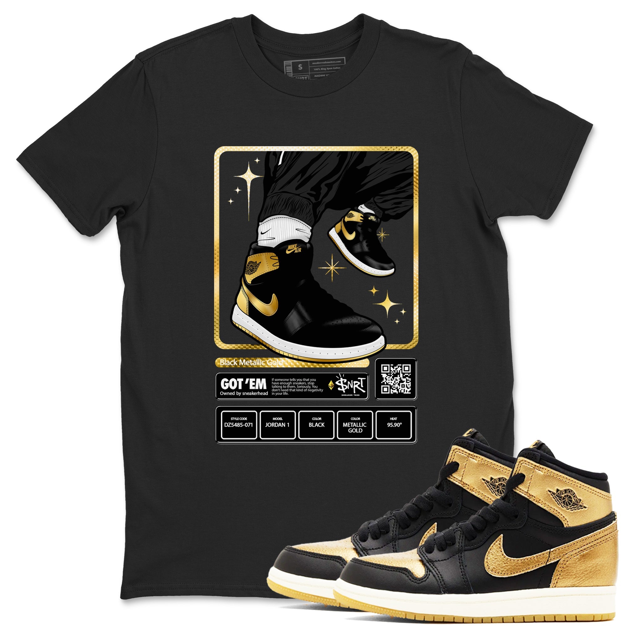 Air Jordan 1 High OG Black Metallic Gold shirts to match jordans Sneaker Trading Card sneaker match tees Air Jordan 1 Retrp Black Metallic Gold Sneaker Shirts Drip Gear Zone streetwear brand Black 1 unisex cotton tee