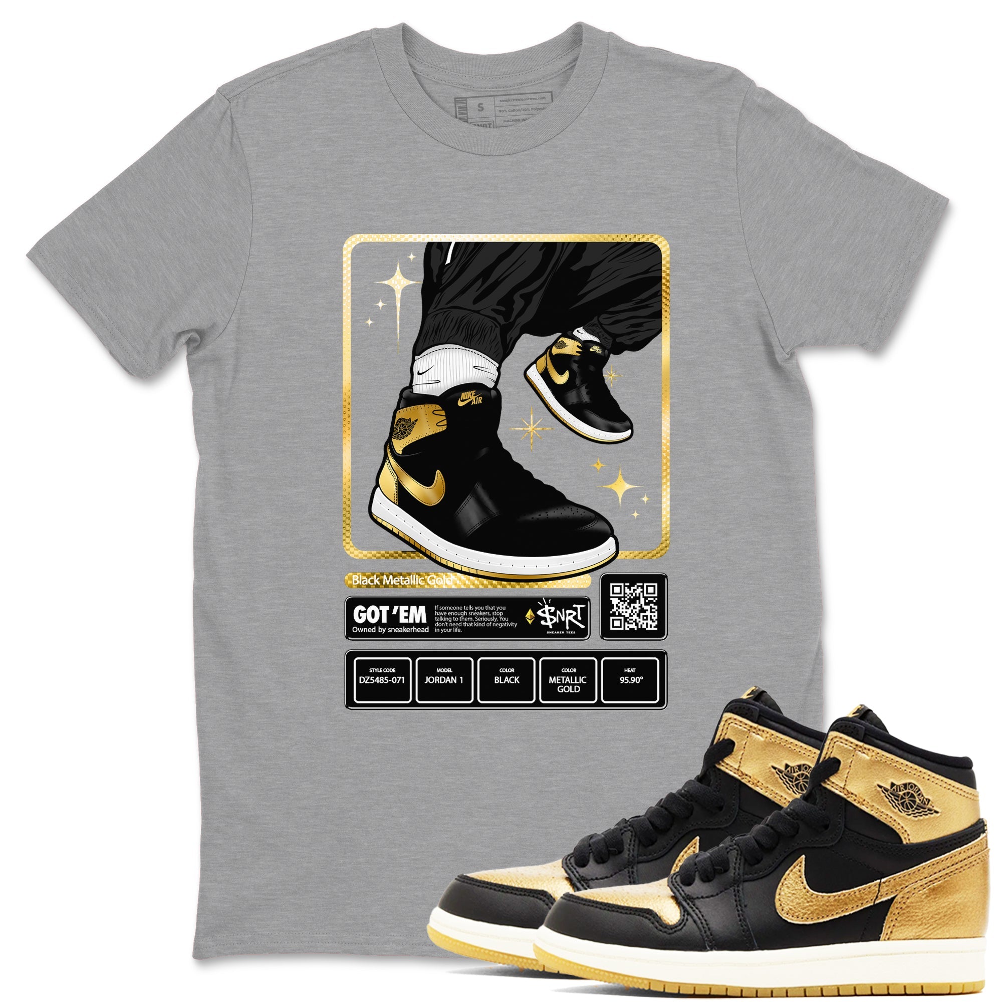 Air Jordan 1 High OG Black Metallic Gold shirts to match jordans Sneaker Trading Card sneaker match tees Air Jordan 1 Retrp Black Metallic Gold Sneaker Shirts Drip Gear Zone streetwear brand Heather Grey 1 unisex cotton tee