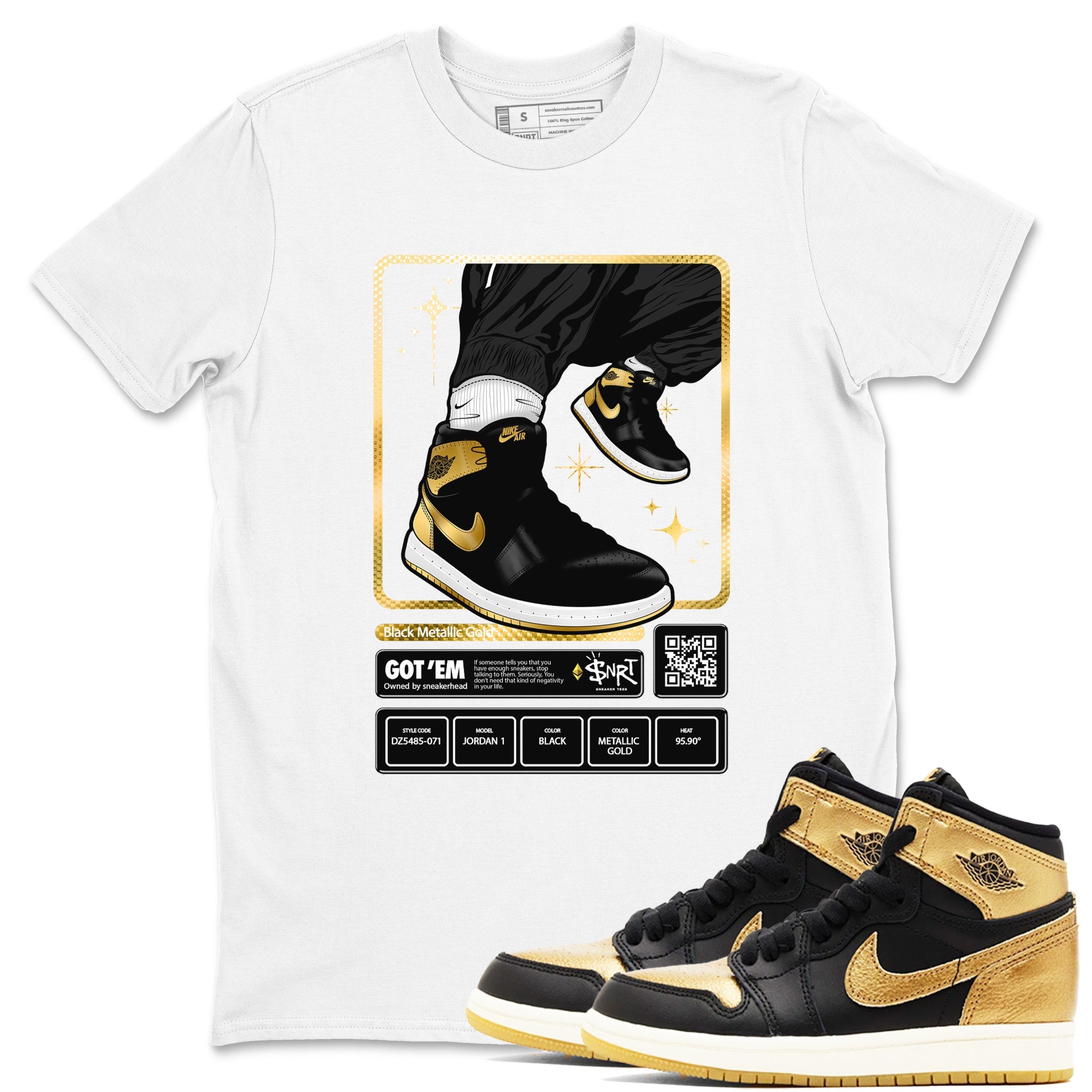 Air Jordan 1 High OG Black Metallic Gold shirts to match jordans Sneaker Trading Card sneaker match tees Air Jordan 1 Retrp Black Metallic Gold Sneaker Shirts Drip Gear Zone streetwear brand White 1 unisex cotton tee