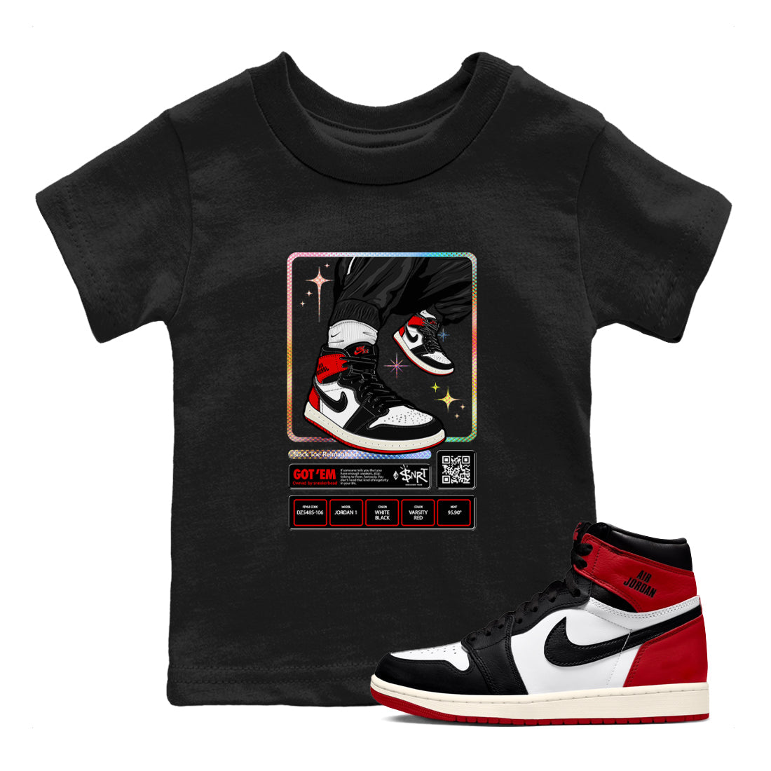 1s Black Toe Reimagined shirts to match jordans Sneaker Trading Card sneaker match tees Air Jordan 1 Black Toe Reimagined Drip Gear Zone streetwear brand Baby and Youth Black 1 cotton tee