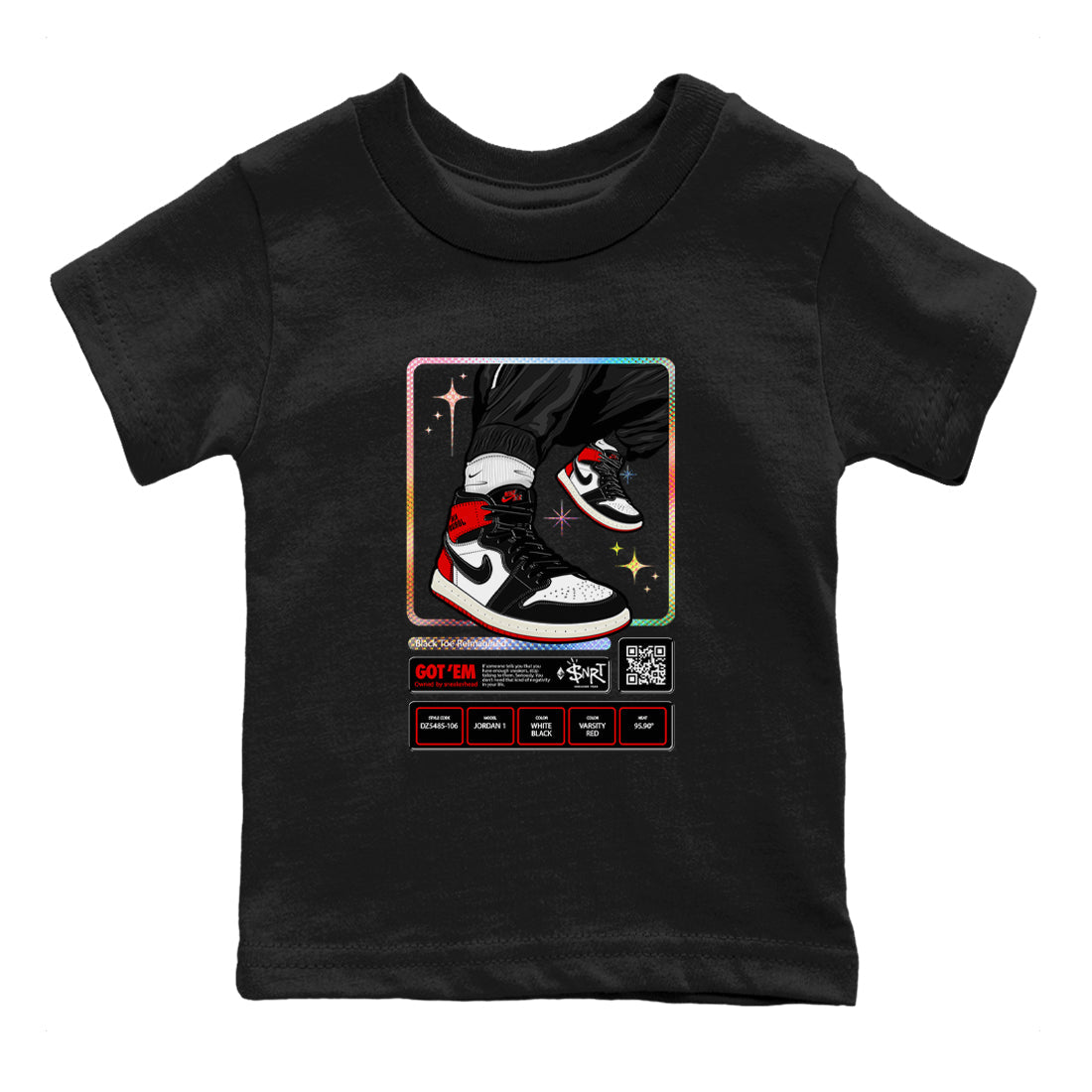 1s Black Toe Reimagined shirts to match jordans Sneaker Trading Card sneaker match tees Air Jordan 1 Black Toe Reimagined Drip Gear Zone streetwear brand Baby and Youth Black 2 cotton tee