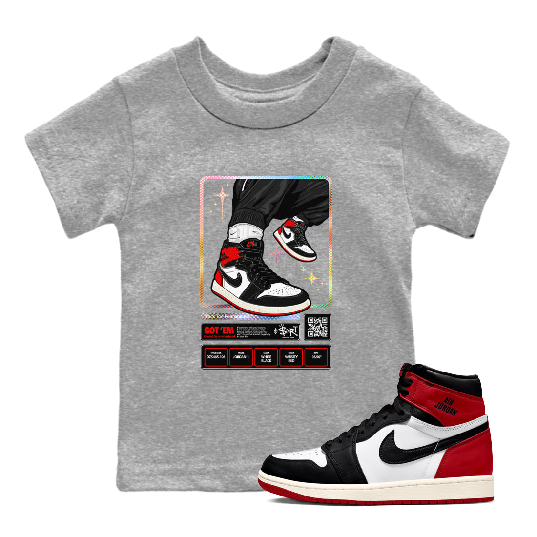 1s Black Toe Reimagined shirts to match jordans Sneaker Trading Card sneaker match tees Air Jordan 1 Black Toe Reimagined Drip Gear Zone streetwear brand Baby and Youth Heather Grey 1 cotton tee