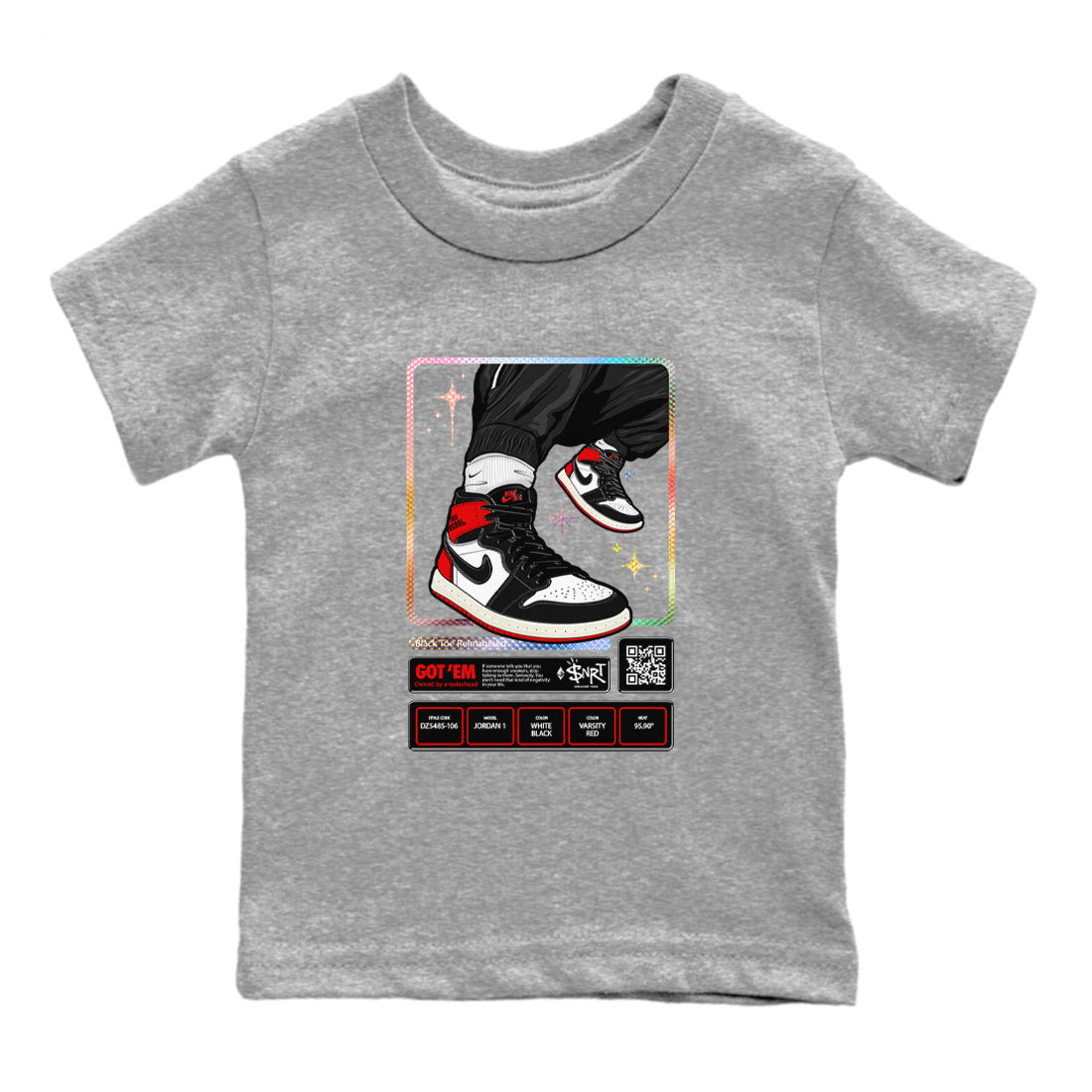 1s Black Toe Reimagined shirts to match jordans Sneaker Trading Card sneaker match tees Air Jordan 1 Black Toe Reimagined Drip Gear Zone streetwear brand Baby and Youth Heather Grey 2 cotton tee