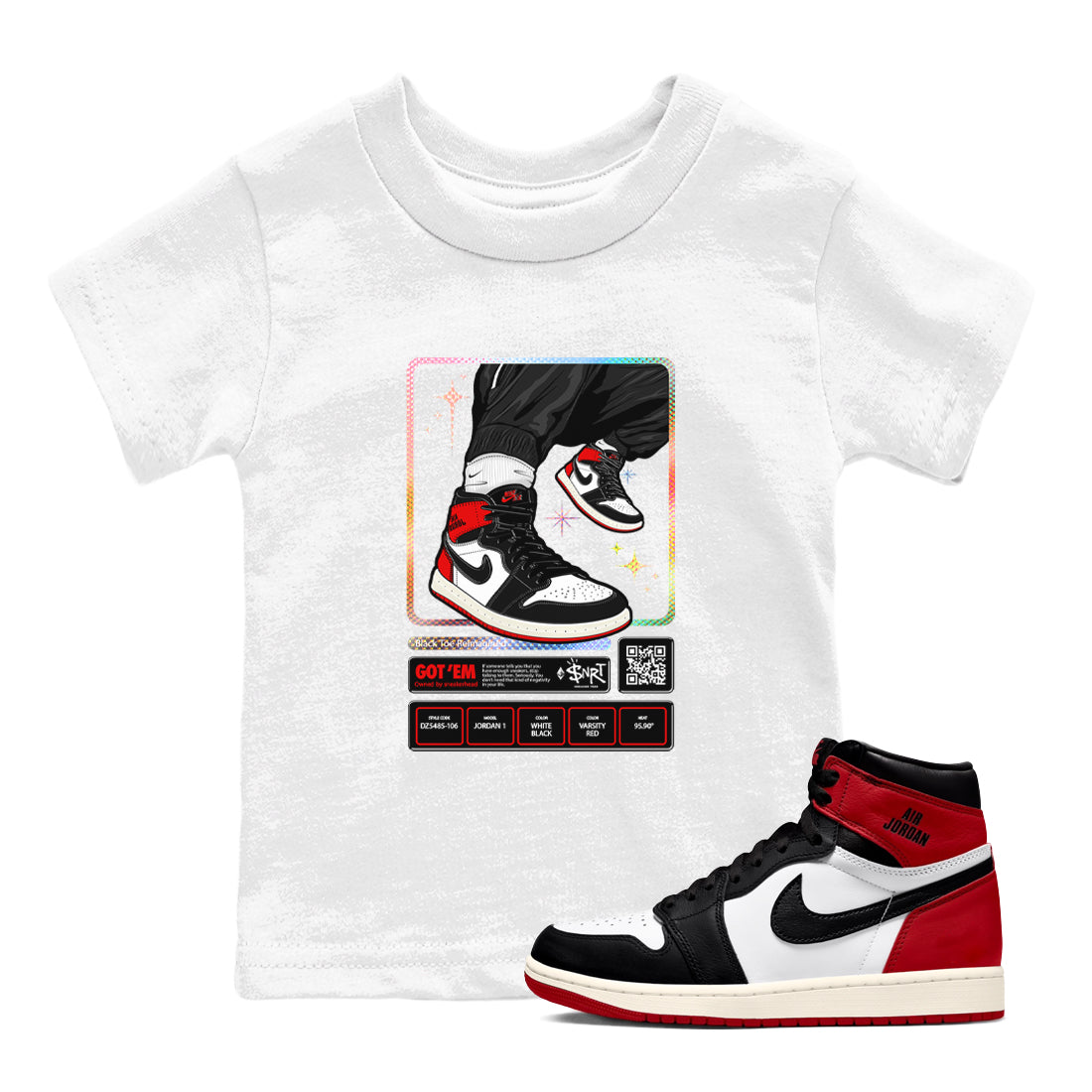 1s Black Toe Reimagined shirts to match jordans Sneaker Trading Card sneaker match tees Air Jordan 1 Black Toe Reimagined Drip Gear Zone streetwear brand Baby and Youth White 1 cotton tee