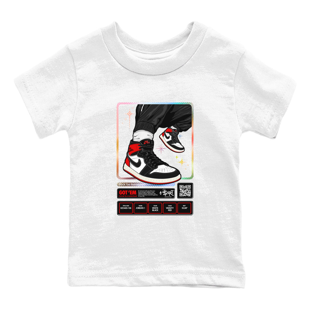 1s Black Toe Reimagined shirts to match jordans Sneaker Trading Card sneaker match tees Air Jordan 1 Black Toe Reimagined Drip Gear Zone streetwear brand Baby and Youth White 2 cotton tee
