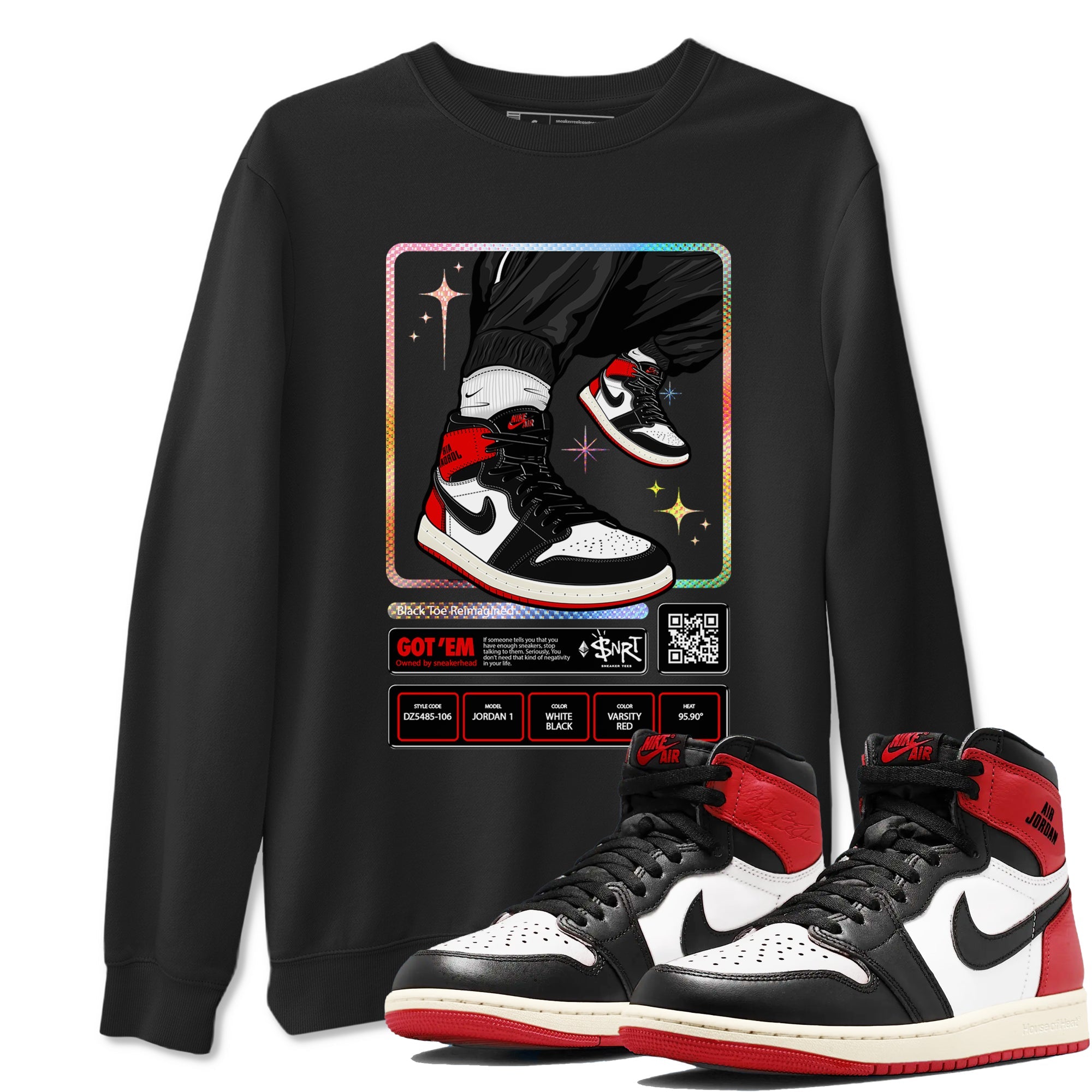 1s Black Toe Reimagined shirts to match jordans Sneaker Trading Card sneaker match tees Air Jordan 1 Black Toe Reimagined Drip Gear Zone streetwear brand Black 1 unisex cotton tee