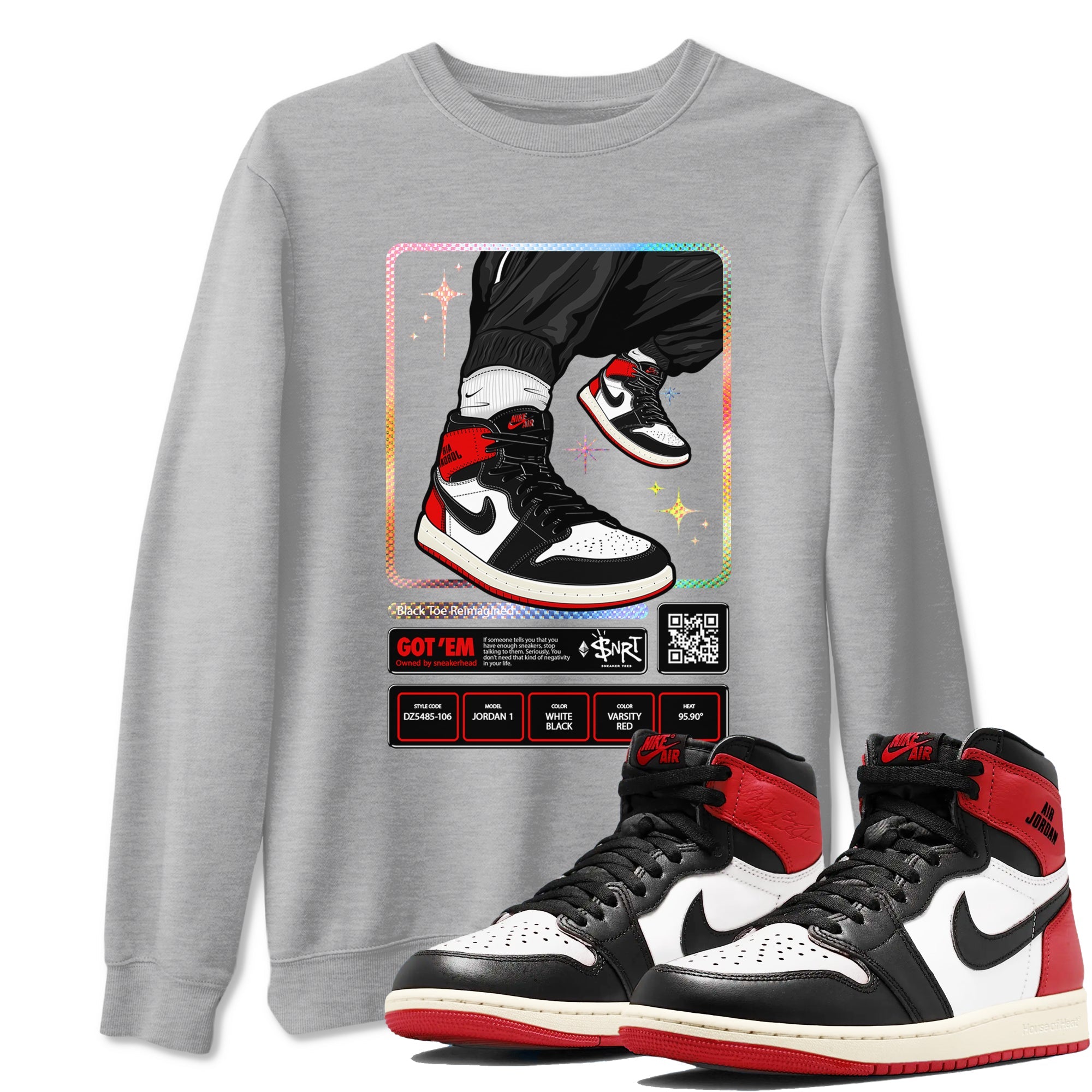 1s Black Toe Reimagined shirts to match jordans Sneaker Trading Card sneaker match tees Air Jordan 1 Black Toe Reimagined Drip Gear Zone streetwear brand Heather Grey 1 unisex cotton tee