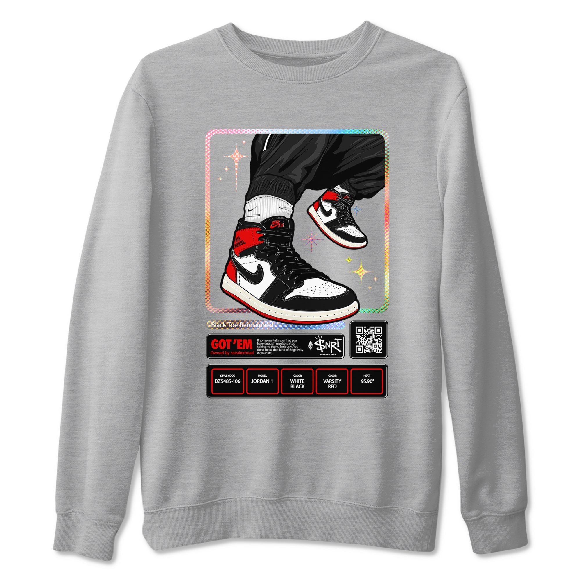 1s Black Toe Reimagined shirts to match jordans Sneaker Trading Card sneaker match tees Air Jordan 1 Black Toe Reimagined Drip Gear Zone streetwear brand Heather Grey 2 unisex cotton tee