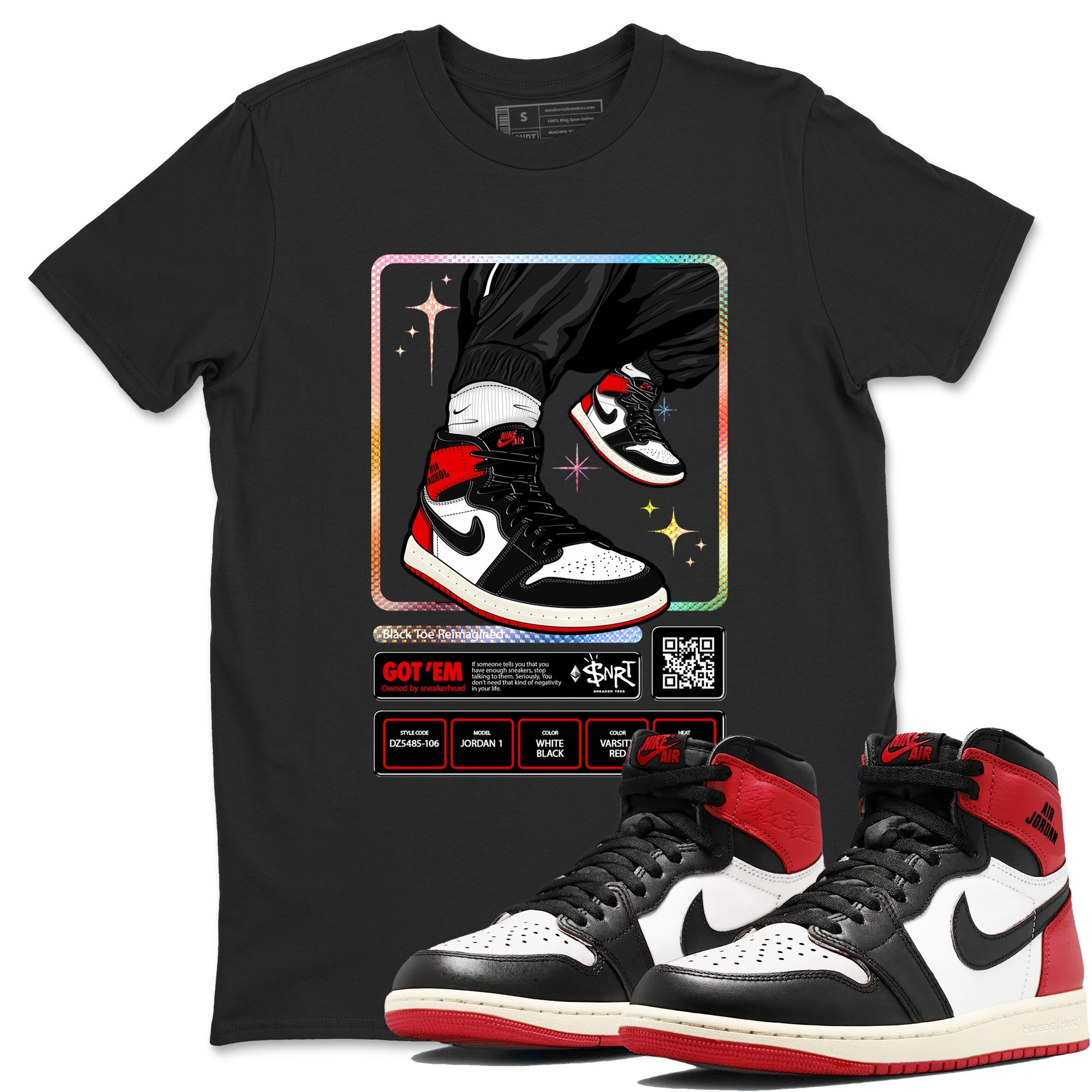 1s Black Toe Reimagined shirts to match jordans Sneaker Trading Card sneaker match tees Air Jordan 1 Black Toe Reimagined Drip Gear Zone streetwear brand Black 1 unisex cotton tee