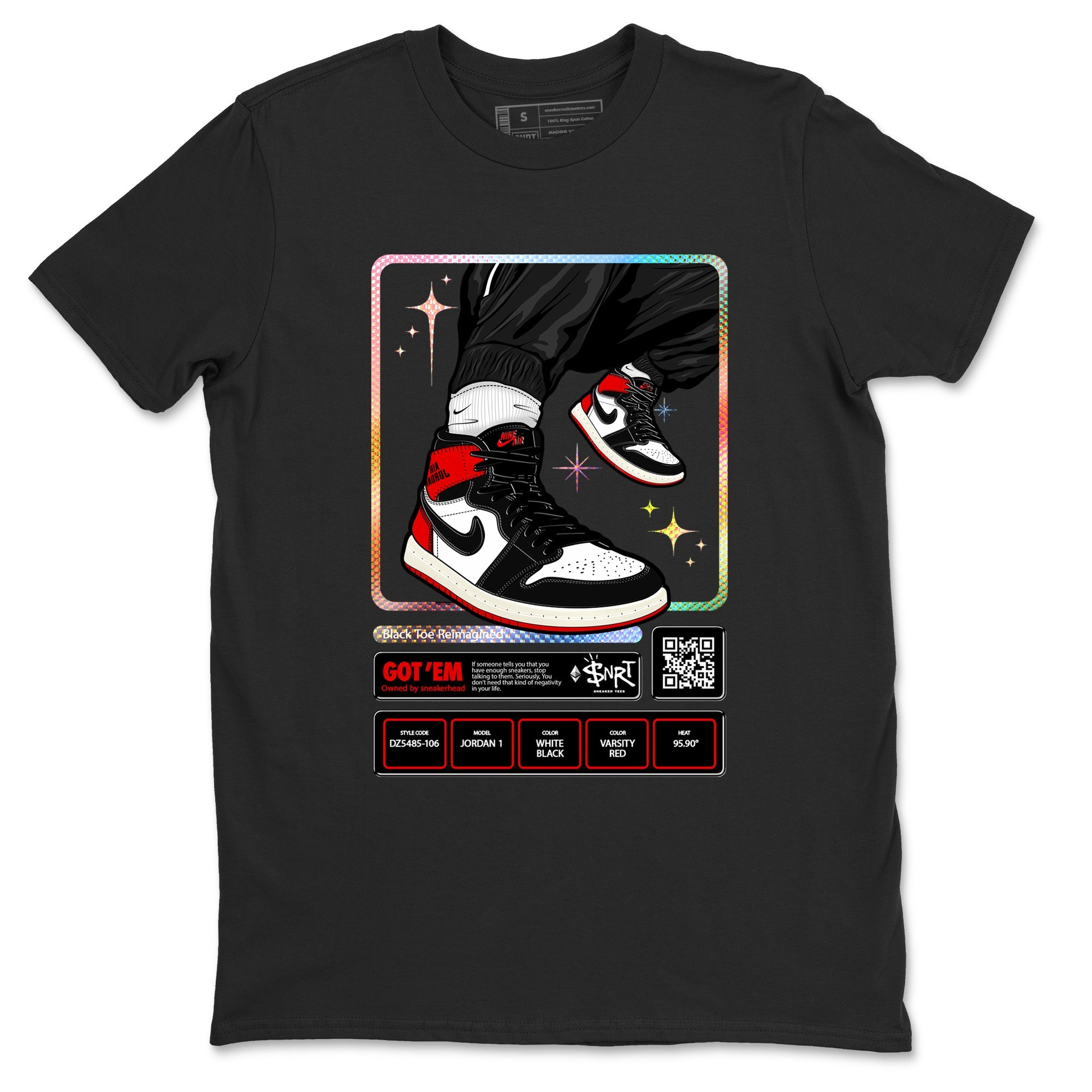 1s Black Toe Reimagined shirts to match jordans Sneaker Trading Card sneaker match tees Air Jordan 1 Black Toe Reimagined Drip Gear Zone streetwear brand Black 2 unisex cotton tee