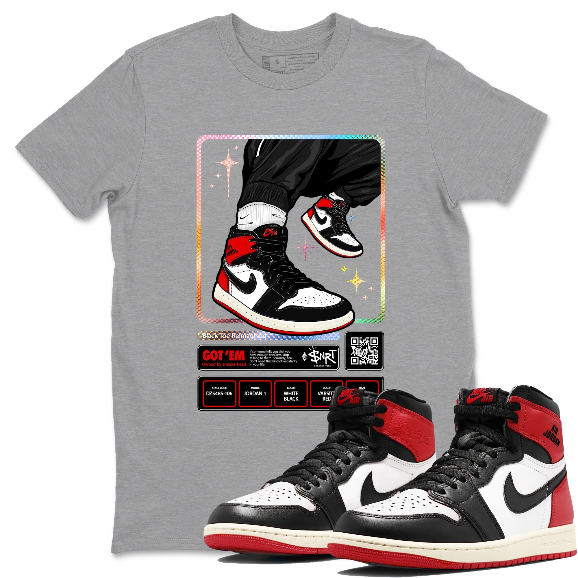 1s Black Toe Reimagined shirts to match jordans Sneaker Trading Card sneaker match tees Air Jordan 1 Black Toe Reimagined Drip Gear Zone streetwear brand Heather Grey 1 unisex cotton tee