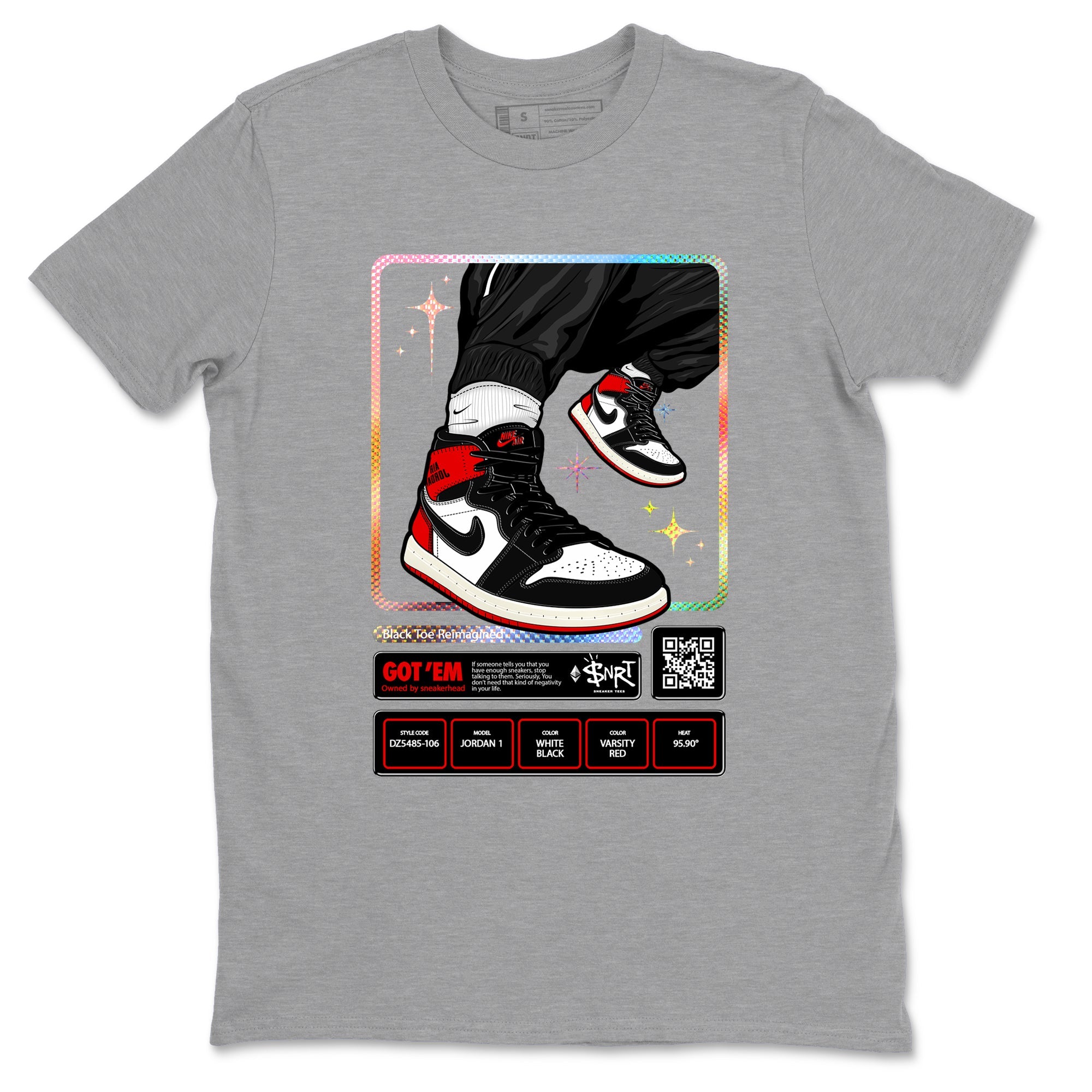 1s Black Toe Reimagined shirts to match jordans Sneaker Trading Card sneaker match tees Air Jordan 1 Black Toe Reimagined Drip Gear Zone streetwear brand Heather Grey 2 unisex cotton tee