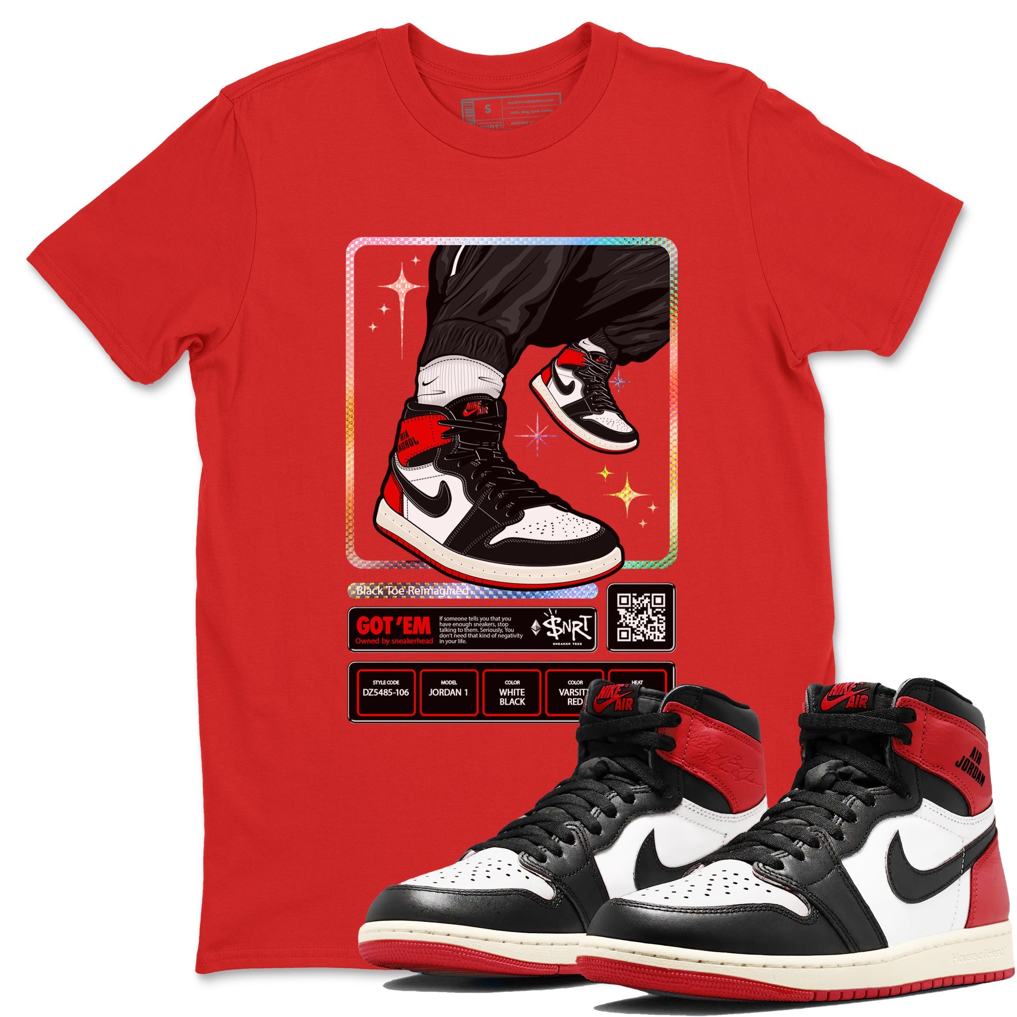 1s Black Toe Reimagined shirts to match jordans Sneaker Trading Card sneaker match tees Air Jordan 1 Black Toe Reimagined Drip Gear Zone streetwear brand Red 1 unisex cotton tee